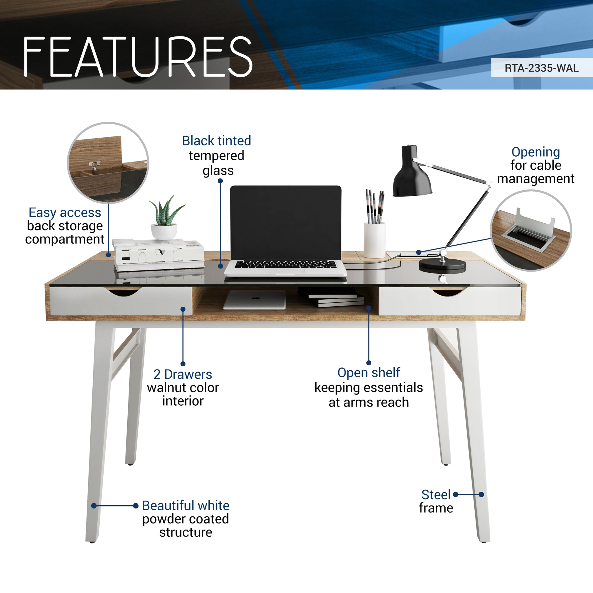 Techni Mobili Compact Computer Desk with Multiple walnut-steel-solid wood
