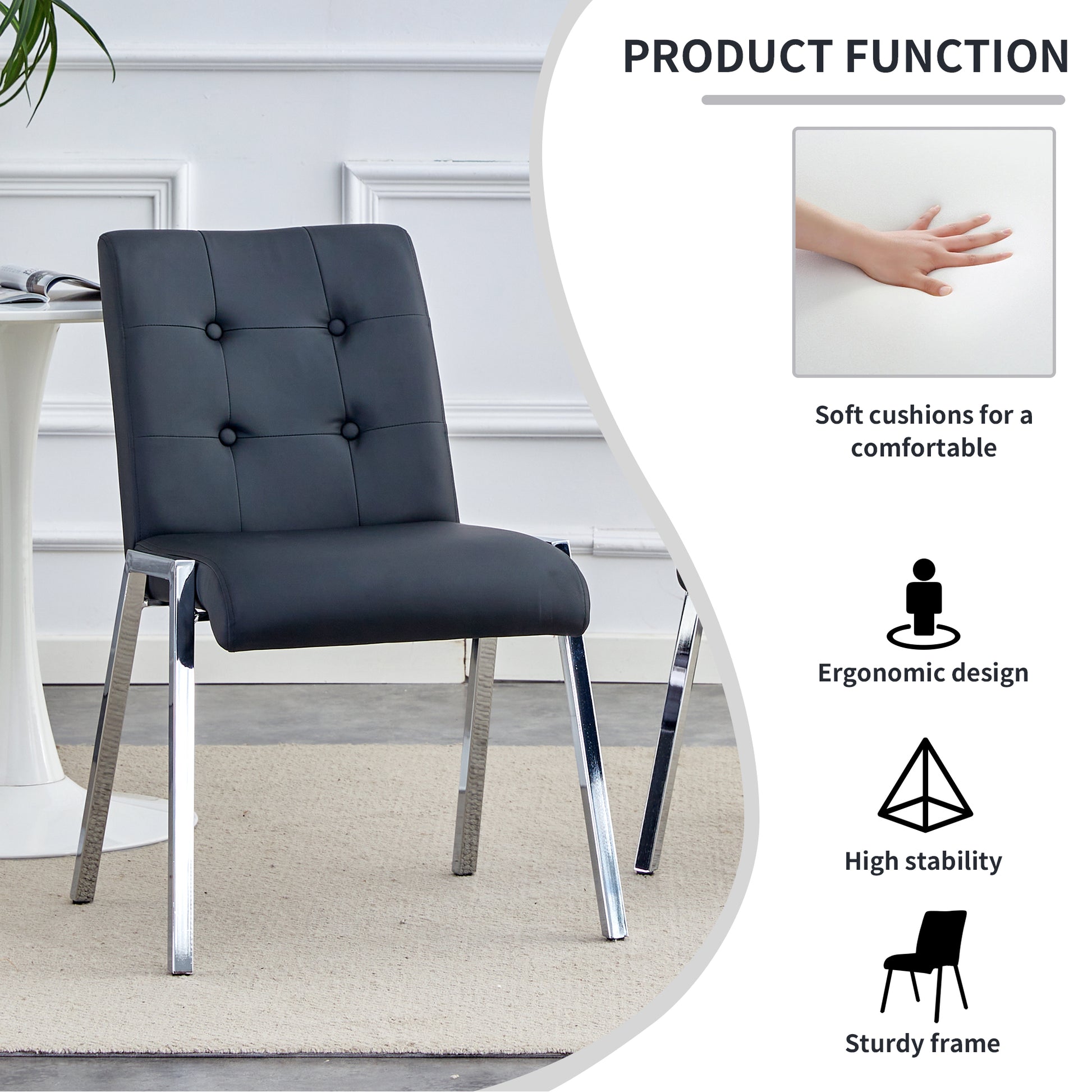 Grid Armless High Backrest Dining Chair, Electroplated Metal Legs, Black 2 Piece Set, Office Chair. Suitable For Restaurants, Living Rooms, Kitchens, And Offices. Xs 0809 Black Pu