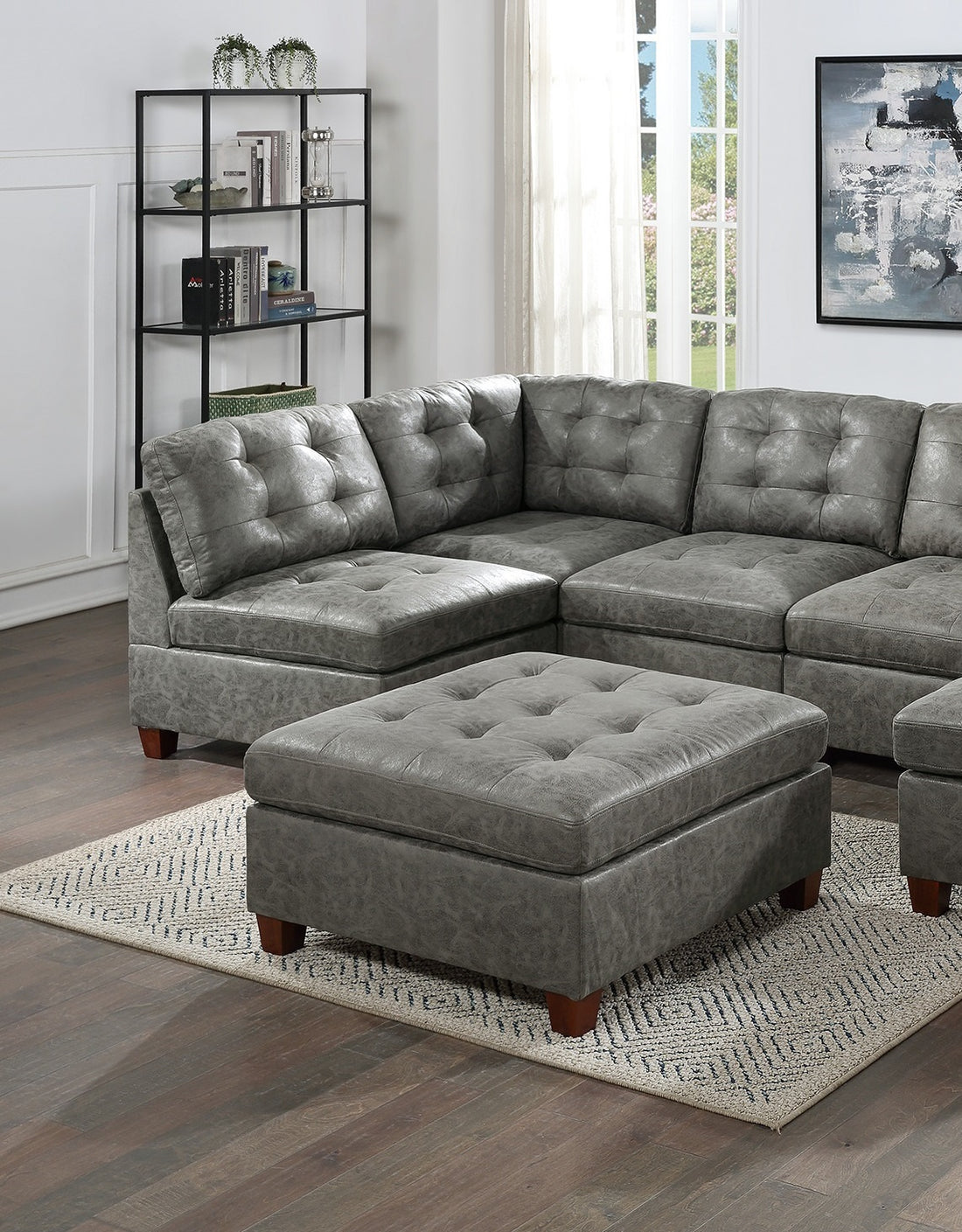 Living Room Furniture Antique Grey Modular Sectional 7Pc Set Tufted Couch 2X Corner Wedge 4X Armless Chairs And 1X Ottoman U Shaped Antique Gray Wood Primary Living Space Tufted Back Contemporary,Modern,Transitional Modular Faux Leather 7 Seat