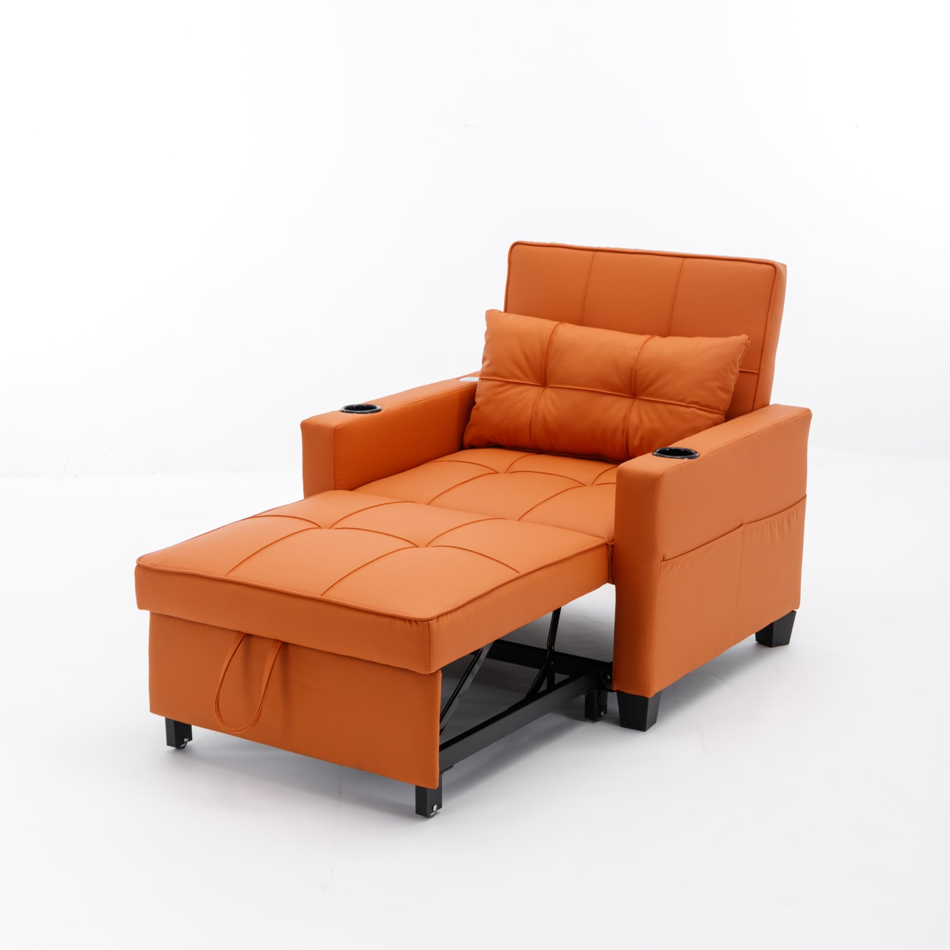 Futon Chair Bed Convertible Chair 3 In 1 Pull Out Sleeper Chair Beds With Usb Ports,Wear Resistant And Anti Scratch, Armchair Bed Sleeper For Living Room Orange Leather Orange Foam Leather 1 Seat