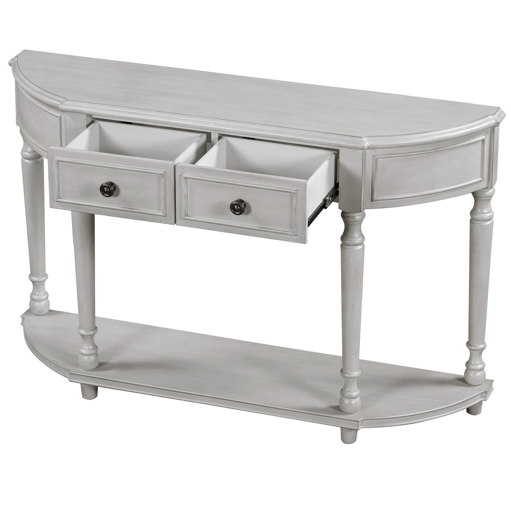 Retro Circular Curved Design Console Table With Open Style Shelf Solid Wooden Frame And Legs Two Top Drawers Gray Wash, Old Sku: Wf298768Aae Gray Wash Solid Wood