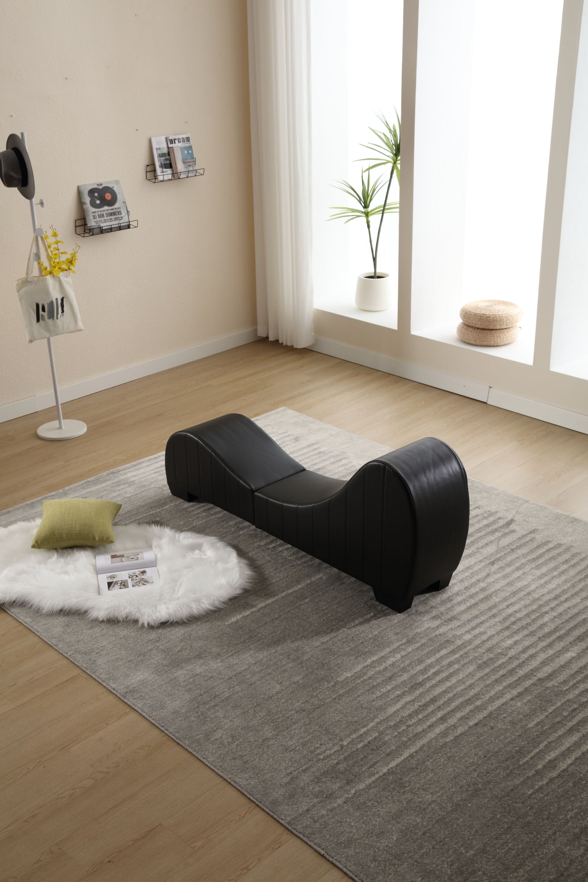 Factory Direct Yoga Chaise Lounge Collection For Stretching & Relaxation Modern Faux Leather Curved Sofa, Modern Faux Leather Curved Sofa, Living Room Bedroom Accent Black American Design Plywood Pvc