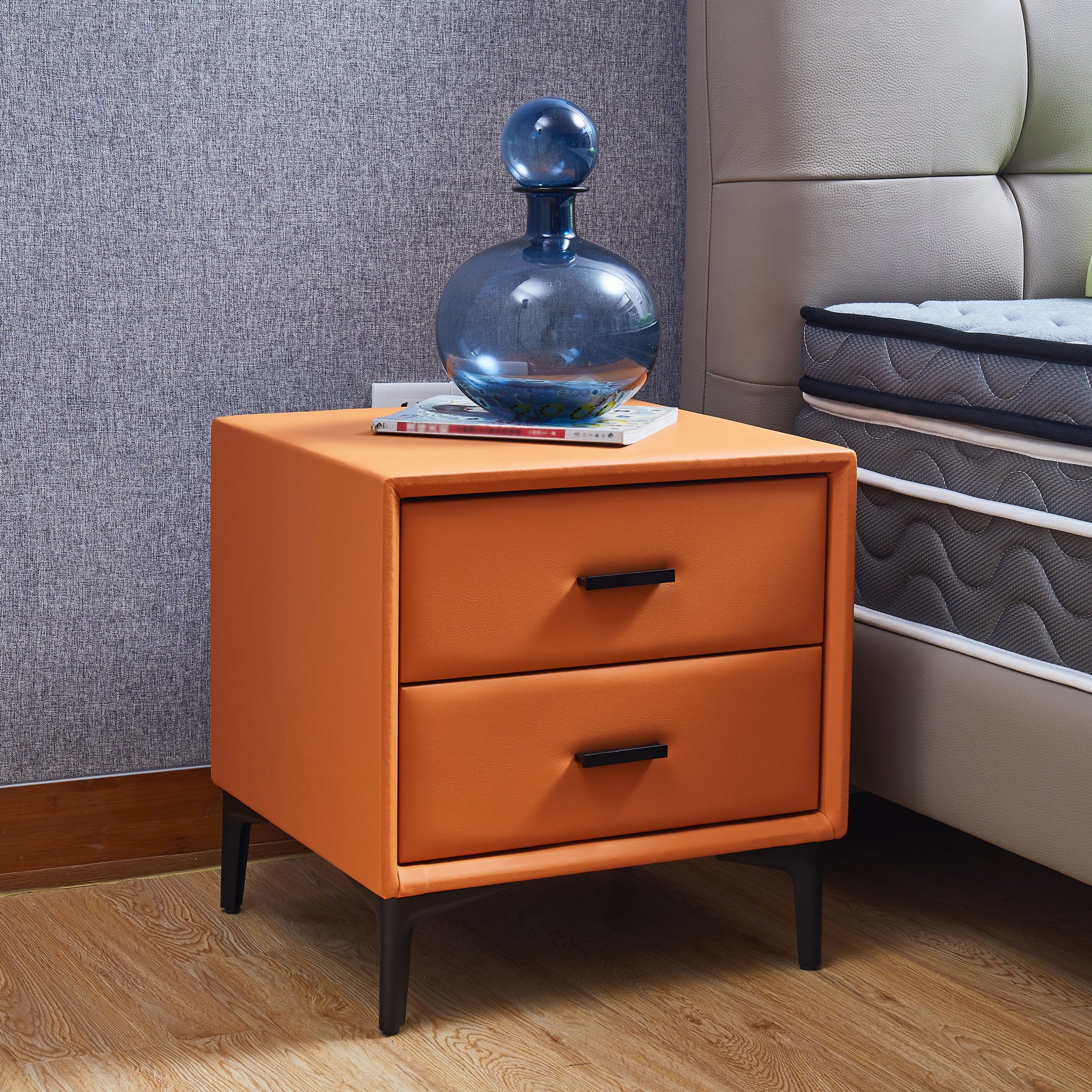 Modern Nightstand With 2 Drawers, Night Stand With Pu Leather And Hardware Legs, End Table, Bedside Cabinet For Living Room Bedroom Orange Orange Pu