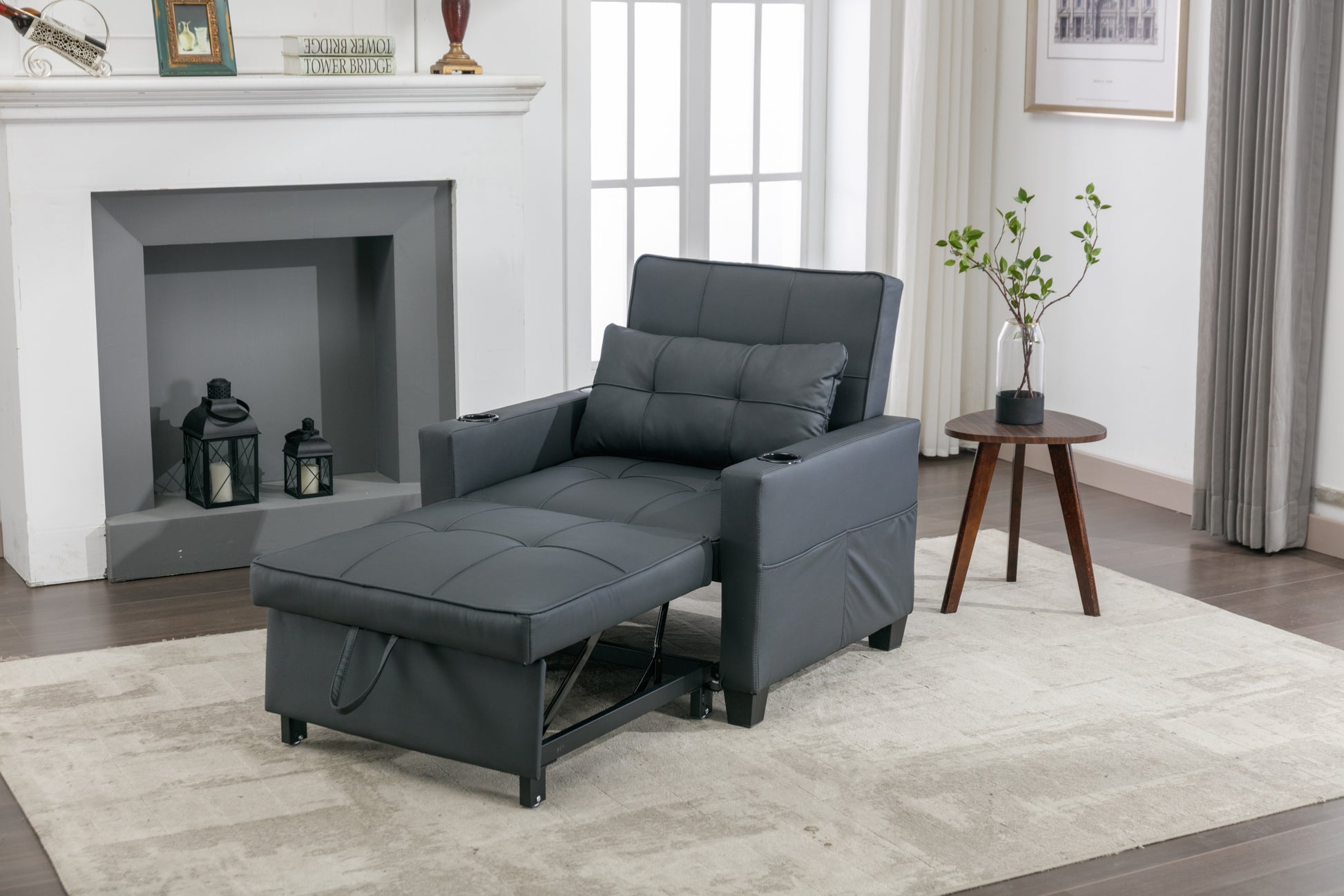 Futon Chair Bed Convertible Chair 3 In 1 Pull Out Sleeper Chair Beds With Usb Ports, Wear Resistant And Anti Scratch, Armchair Bed Sleeper For Living Room Black Leather Black Foam Leather 1 Seat