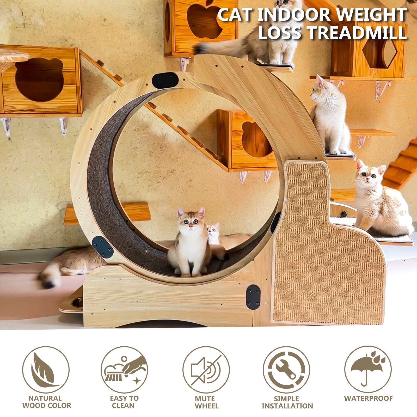 5 In 1 Cat Sports Running Wheel, Cats Wheel Wood Climbing Frame, Cat Litter Fitness Wheel, Oversized Roller Cat Indoor Activity Center,Large Right Natural Wood Wood