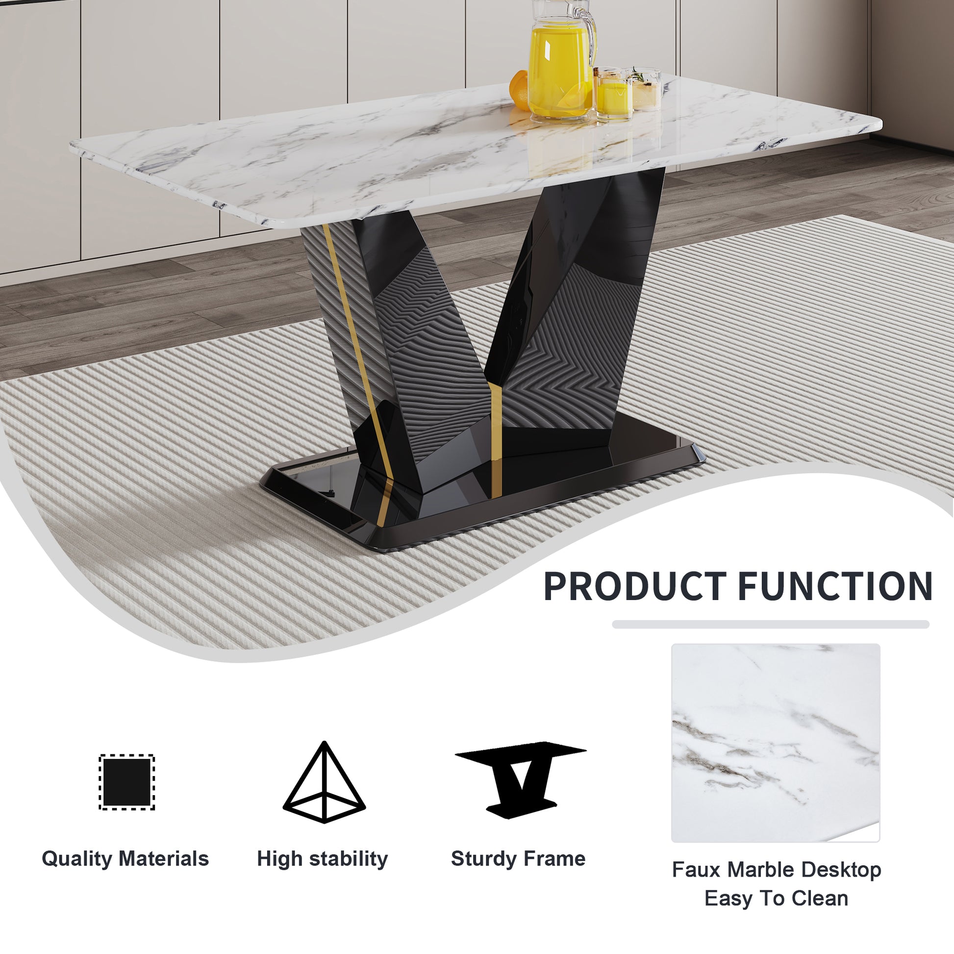 Modern Minimalist Rectangular Dining Table, 0.4 Inch Thick, White Imitation Marble Pattern Tabletop, Black Mdf Table Legs. Suitable For Kitchens, Restaurants, And Living Rooms63'' X 35.4'' X 30'' F Dv White Black Mdf Glass