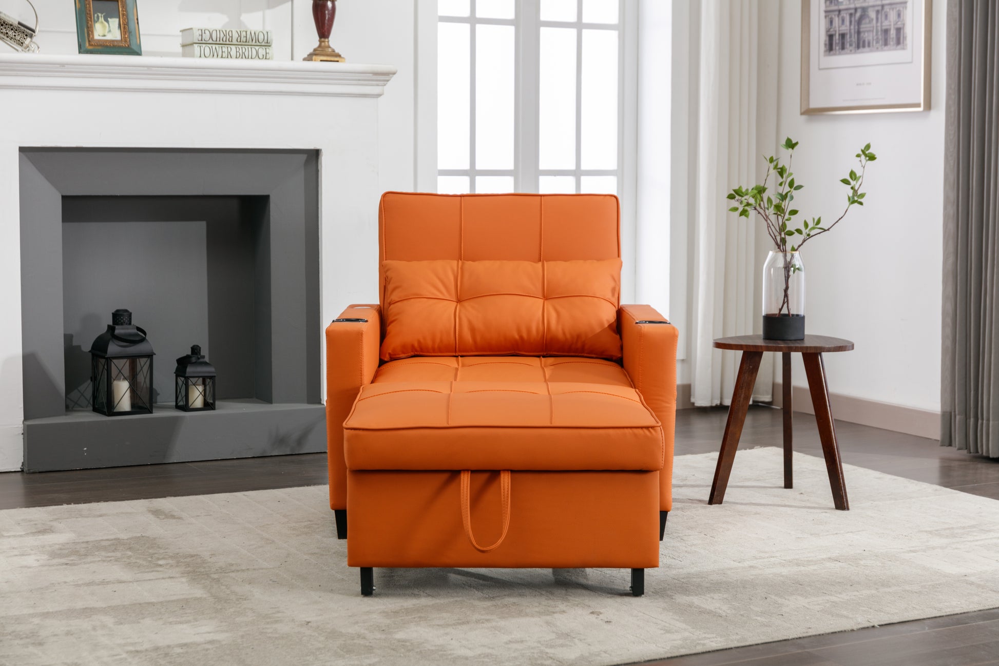 Futon Chair Bed Convertible Chair 3 In 1 Pull Out Sleeper Chair Beds With Usb Ports,Wear Resistant And Anti Scratch, Armchair Bed Sleeper For Living Room Orange Leather Orange Foam Leather 1 Seat