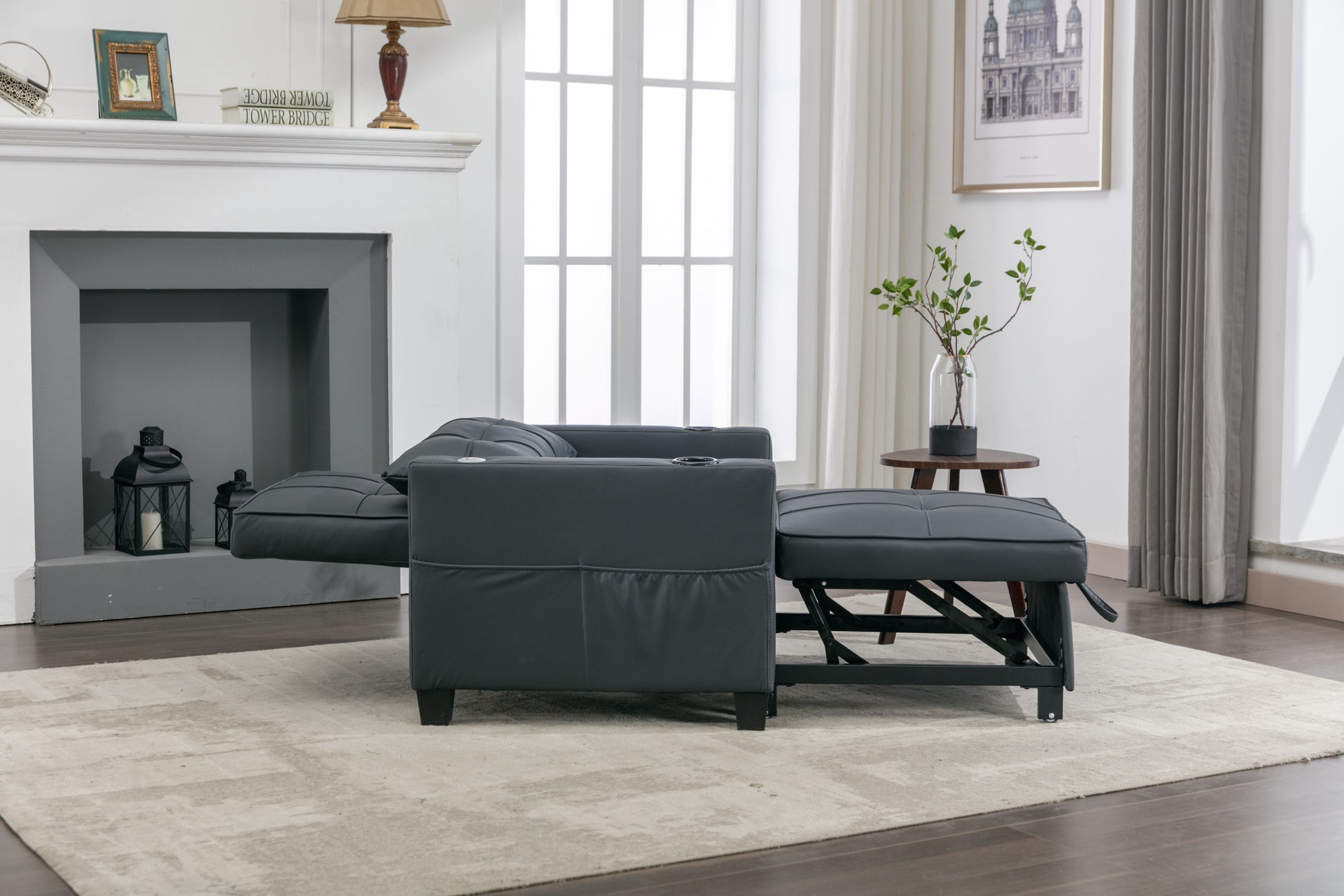 Futon Chair Bed Convertible Chair 3 In 1 Pull Out Sleeper Chair Beds With Usb Ports, Wear Resistant And Anti Scratch, Armchair Bed Sleeper For Living Room Black Leather Black Foam Leather 1 Seat