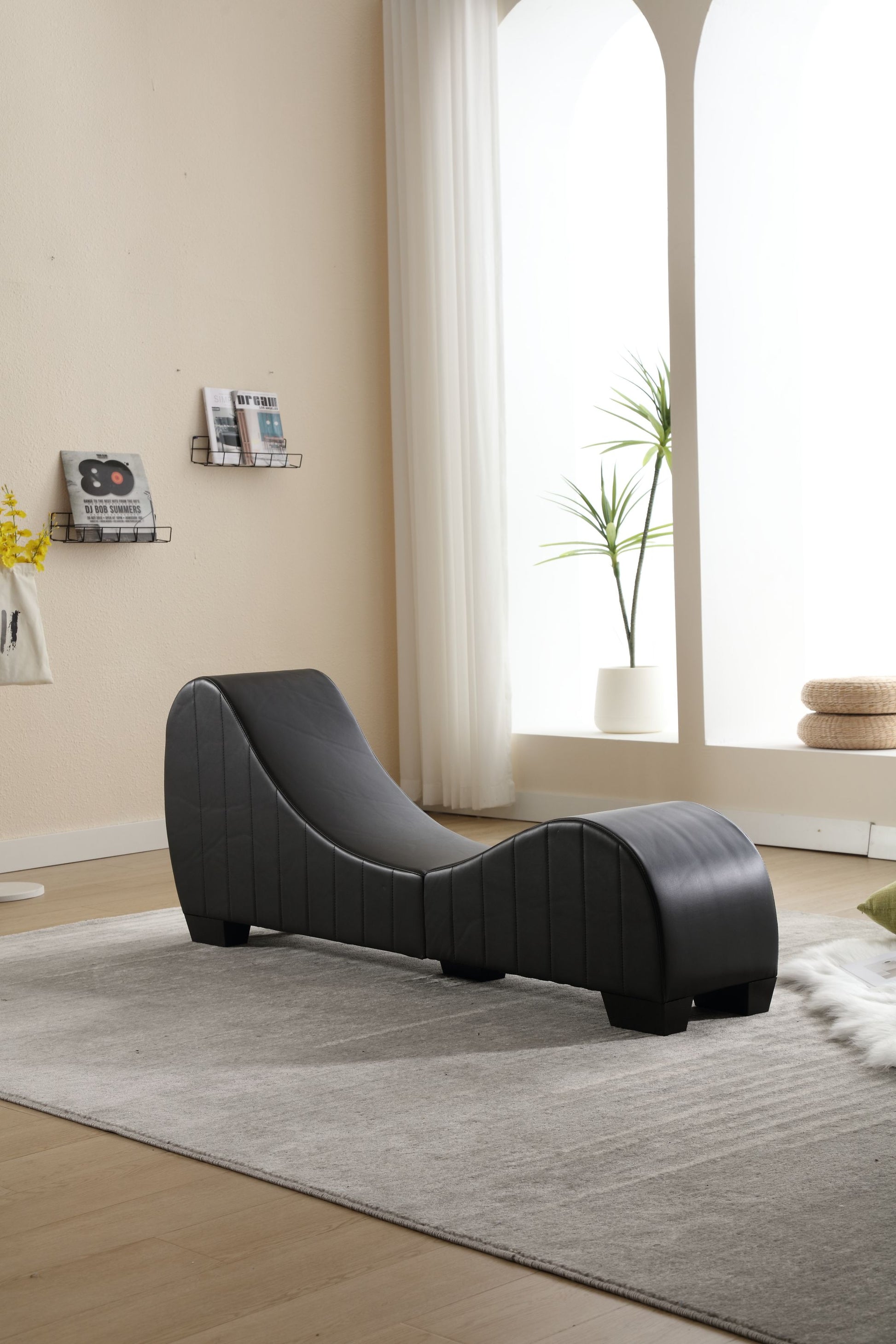 Factory Direct Yoga Chaise Lounge Collection For Stretching & Relaxation Modern Faux Leather Curved Sofa, Modern Faux Leather Curved Sofa, Living Room Bedroom Accent Black American Design Plywood Pvc