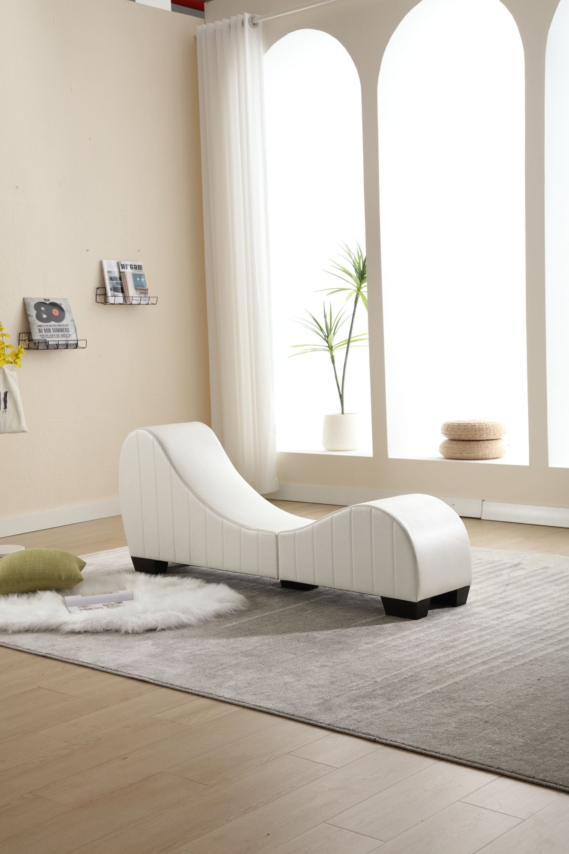 Factory Direct Yoga Chaise Lounge Collection For Stretching & Relaxation Modern Faux Leather Curved Sofa, Modern Faux Leather Curved Sofa, Living Room Bedroom Accent White Primary Living Space American Design,Luxury Plywood Pvc