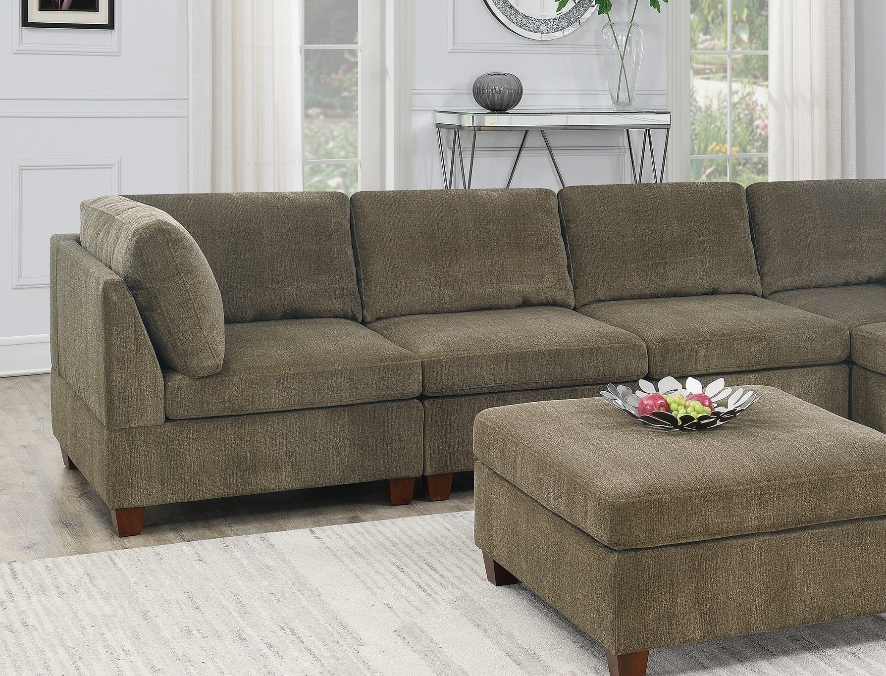 Living Room Furniture Tan Chenille Modular Sectional 8Pc Set L Sectional Modern Couch 2X Corner Wedge 4X Armless Chairs And 2X Ottoman Plywood Tan Chenille Wood Primary Living Space Cushion Back Contemporary,Modern Modular Chenille 8 Seat