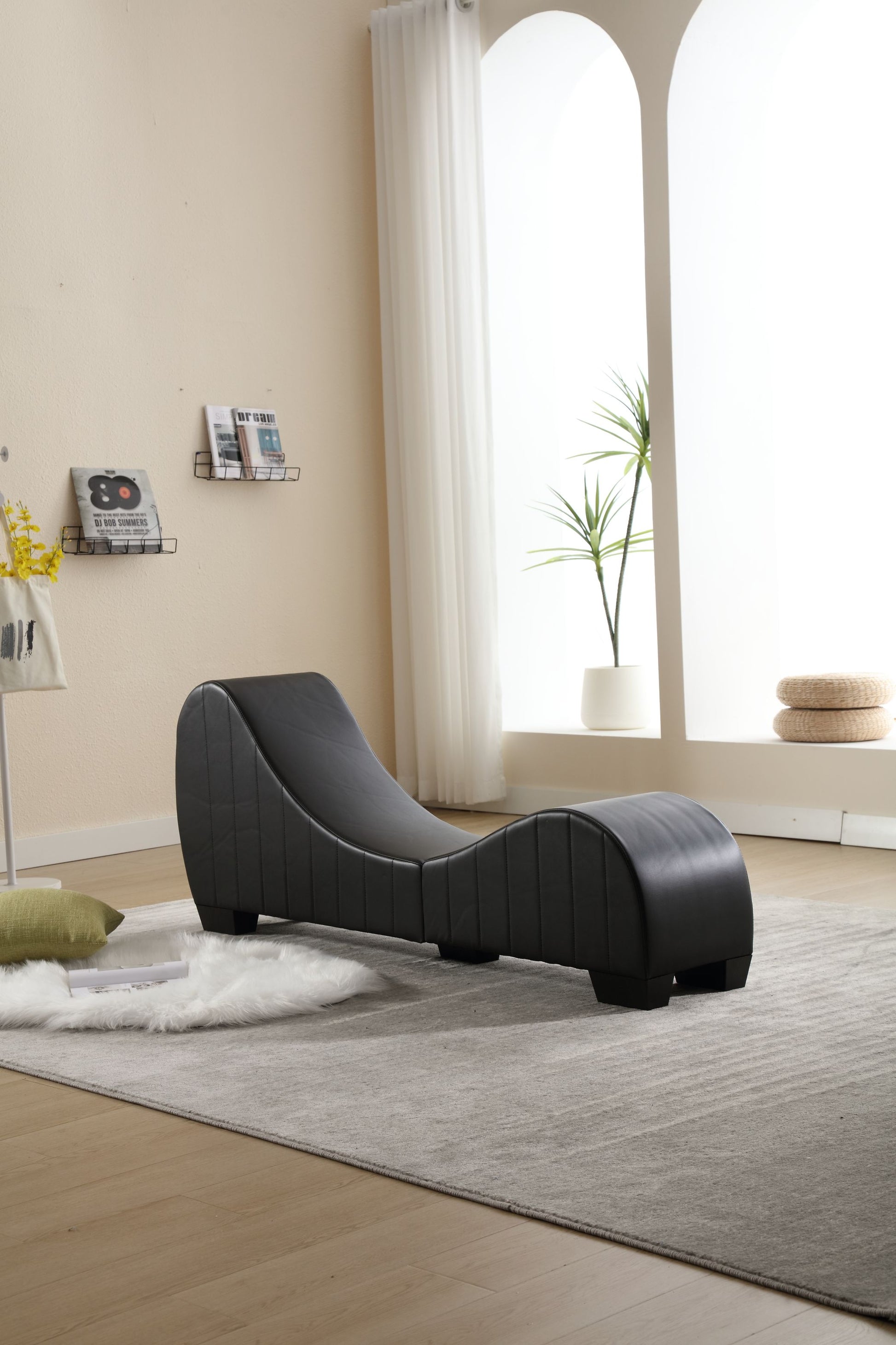 Factory Direct Yoga Chaise Lounge Collection For Stretching & Relaxation Modern Faux Leather Curved Sofa, Modern Faux Leather Curved Sofa, Living Room Bedroom Accent Black American Design Plywood Pvc