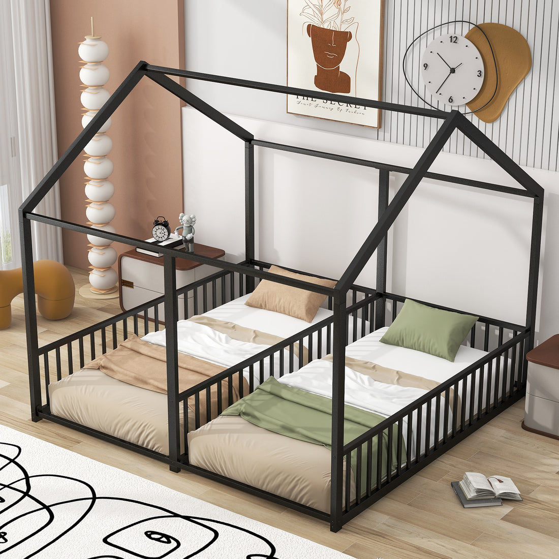 Metal Twin Size House Platform Beds, Two Shared Beds, Black Box Spring Not Required Twin Black Metal Bedroom Metal