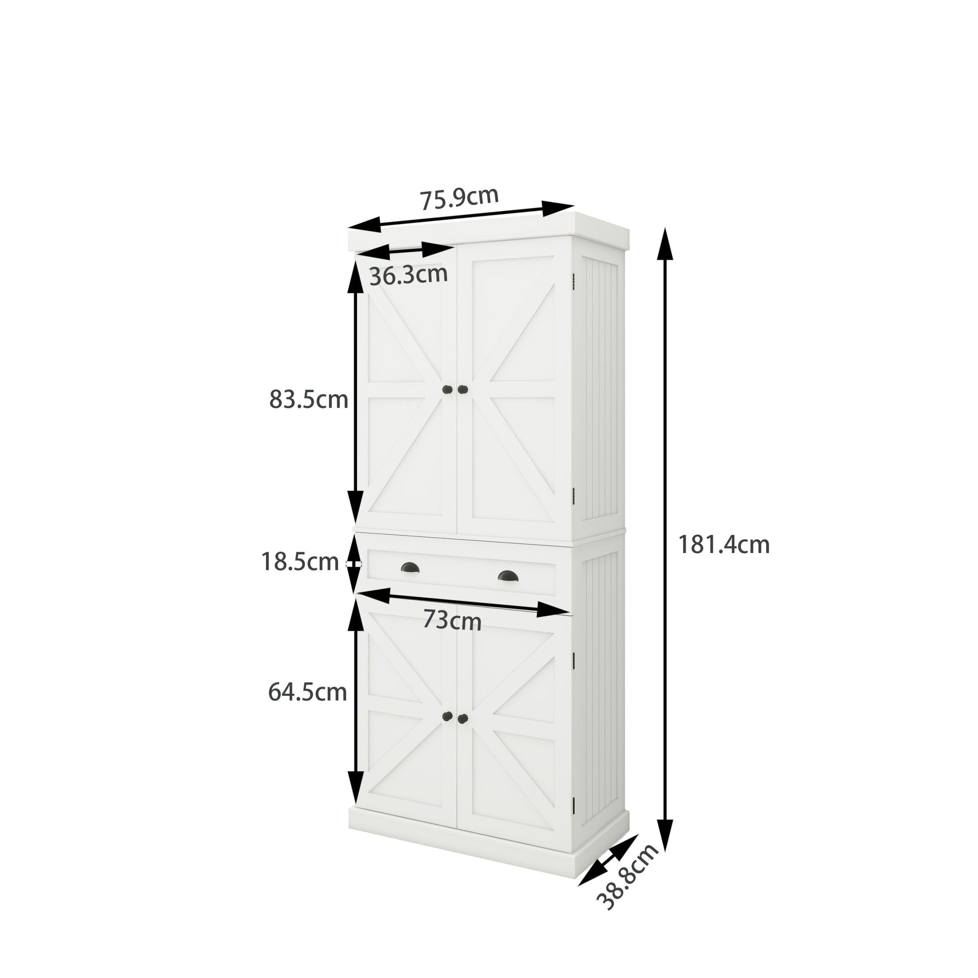 71" Kitchen Pantry Storage Cabinetwith 4 Doors, Drawer, 2 Adjustable Shelves, Freestanding Cupboard For Dining Room Living Room, Laundry White White Mdf