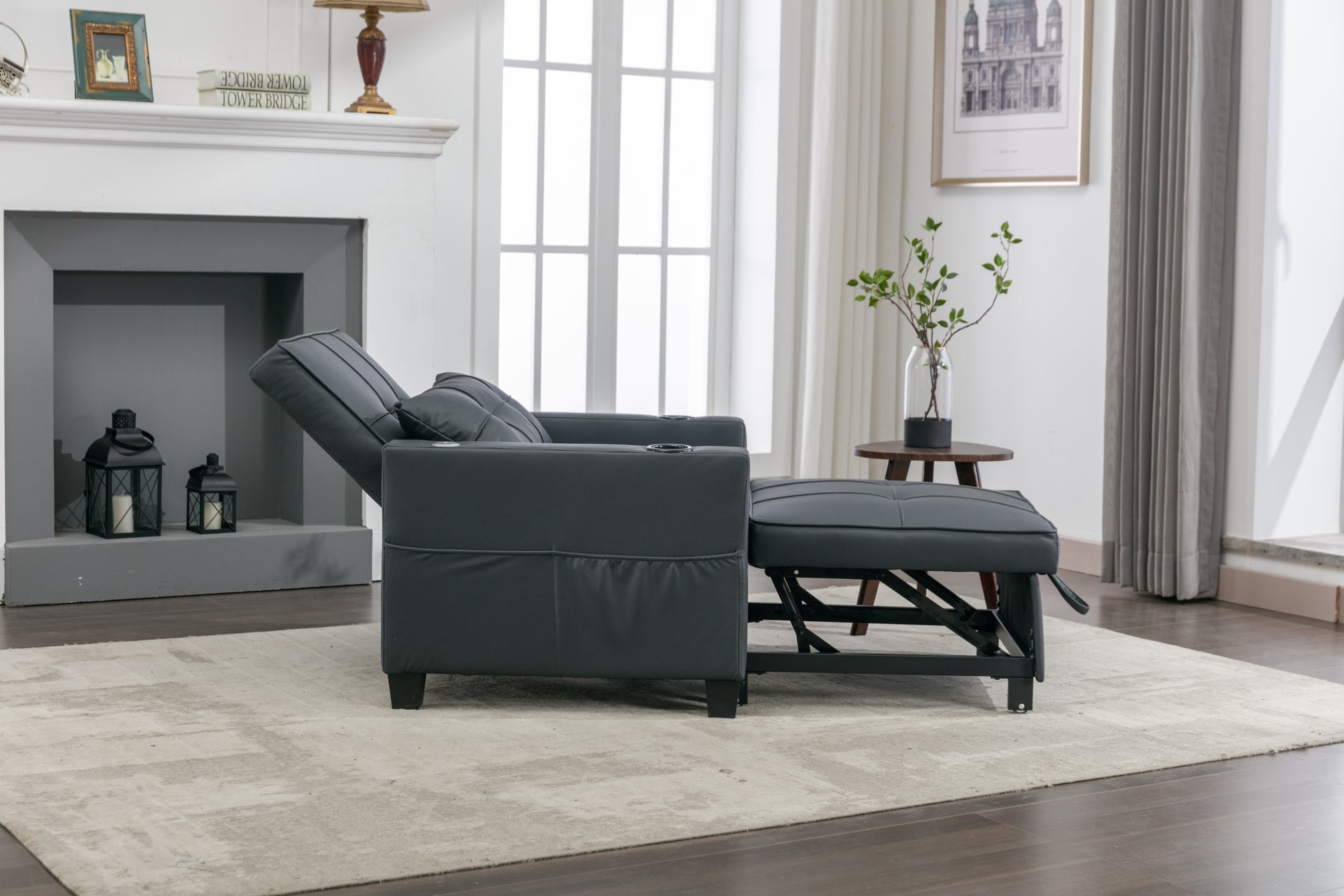 Futon Chair Bed Convertible Chair 3 In 1 Pull Out Sleeper Chair Beds With Usb Ports, Wear Resistant And Anti Scratch, Armchair Bed Sleeper For Living Room Black Leather Black Foam Leather 1 Seat