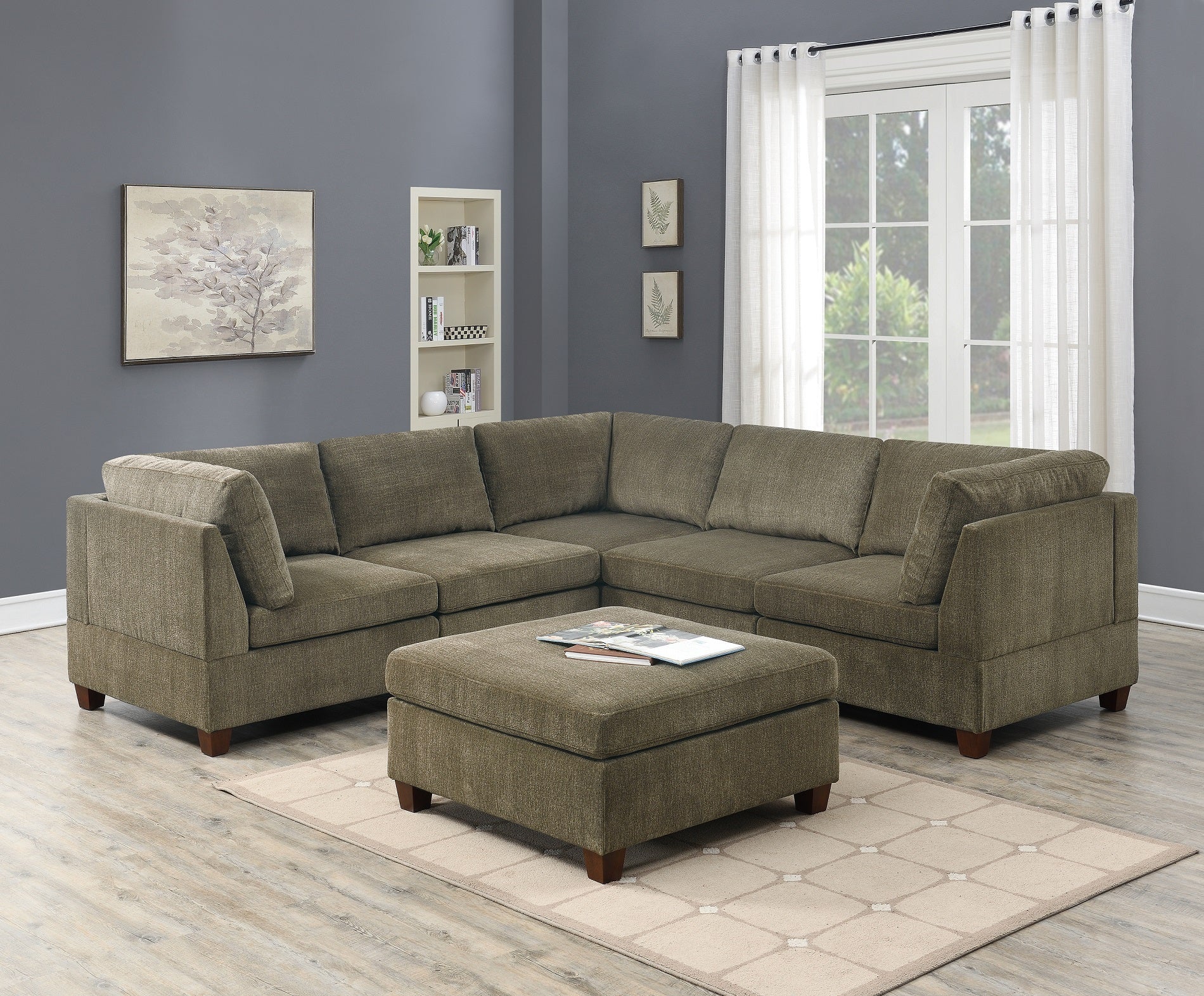 Living Room Furniture Tan Chenille Modular Sectional 6Pc Set Corner Sectional Modern Couch 3X Corner Wedge 2X Armless Chairs And 1X Ottoman Plywood Tan Chenille Wood Primary Living Space Cushion Back Contemporary,Modern Modular Chenille 6 Seat