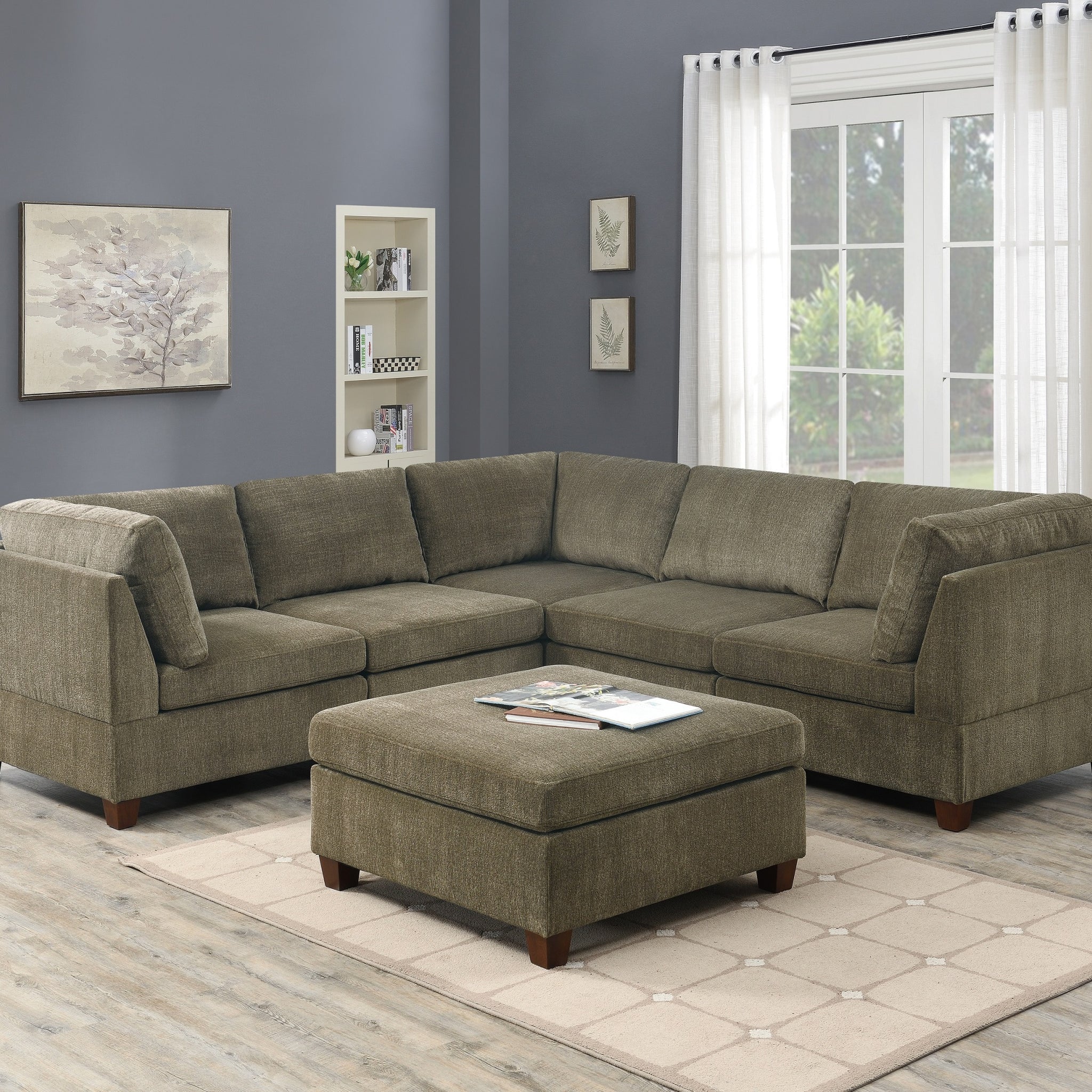 Living Room Furniture Tan Chenille Modular Sectional 6Pc Set Corner Sectional Modern Couch 3X Corner Wedge 2X Armless Chairs And 1X Ottoman Plywood Tan Chenille Wood Primary Living Space Cushion Back Contemporary,Modern Modular Chenille 6 Seat