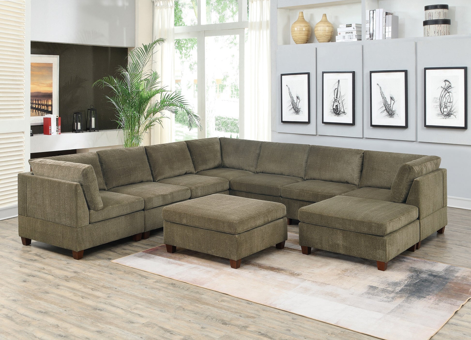 Living Room Furniture Tan Chenille Modular Sectional 9Pc Set Corner Sectional Modern Couch 3X Corner Wedge 4X Armless Chairs And 2X Ottoman Plywood Tan Chenille Wood Primary Living Space Cushion Back Contemporary,Modern Modular Chenille 9 Seat