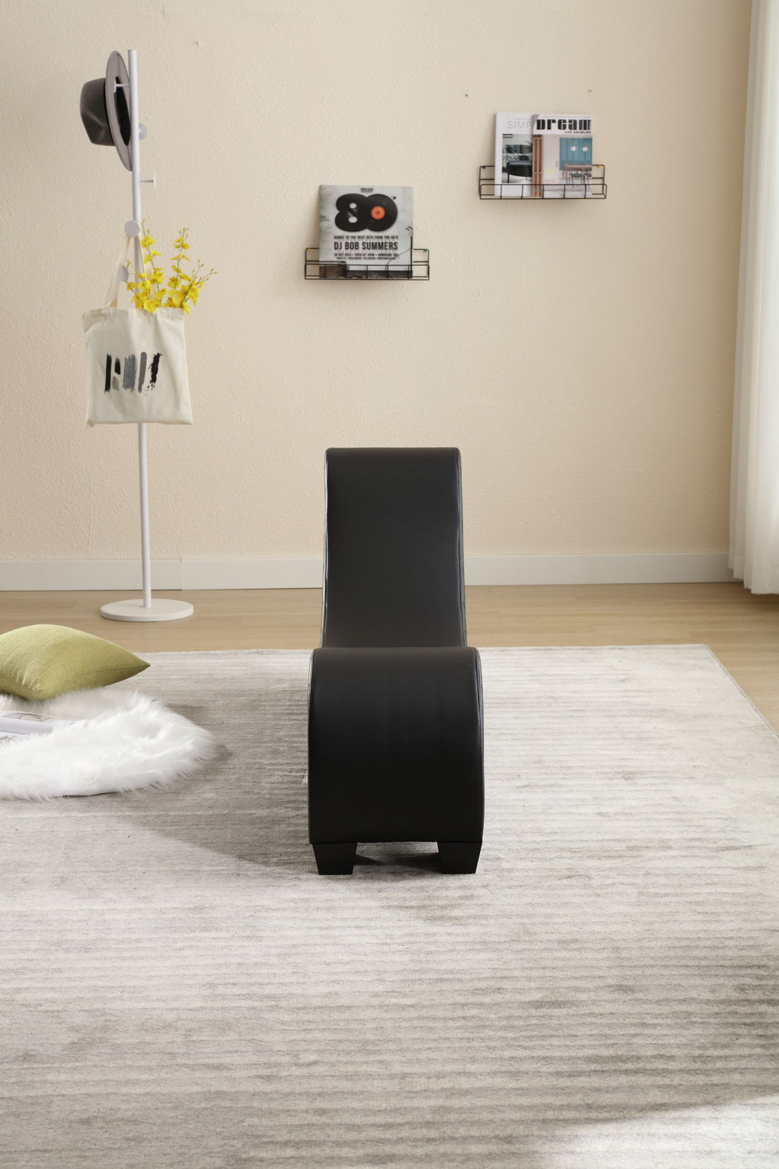 Factory Direct Yoga Chaise Lounge Collection For Stretching & Relaxation Modern Faux Leather Curved Sofa, Modern Faux Leather Curved Sofa, Living Room Bedroom Accent Black American Design Plywood Pvc