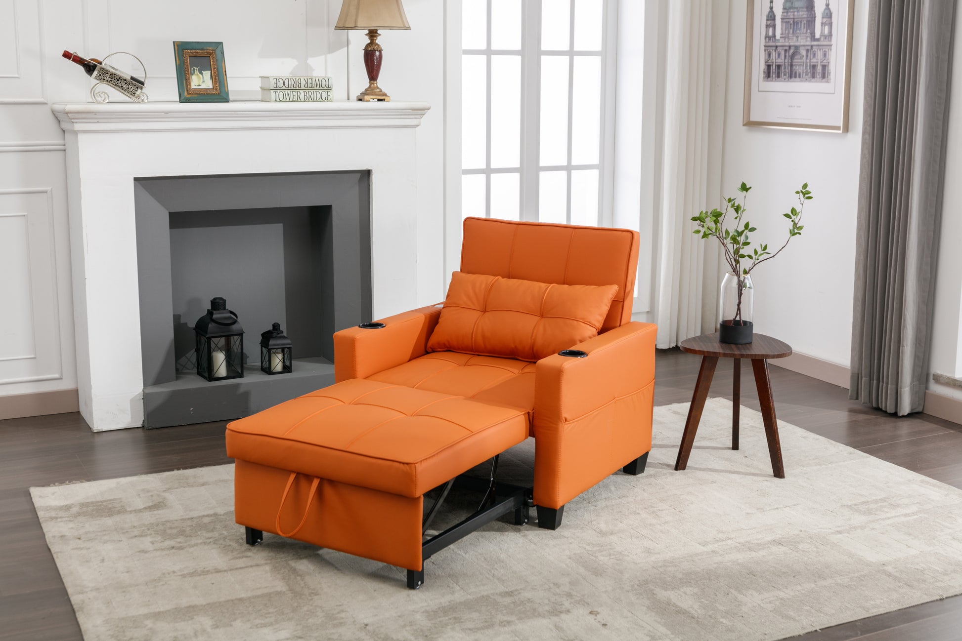 Futon Chair Bed Convertible Chair 3 In 1 Pull Out Sleeper Chair Beds With Usb Ports,Wear Resistant And Anti Scratch, Armchair Bed Sleeper For Living Room Orange Leather Orange Foam Leather 1 Seat