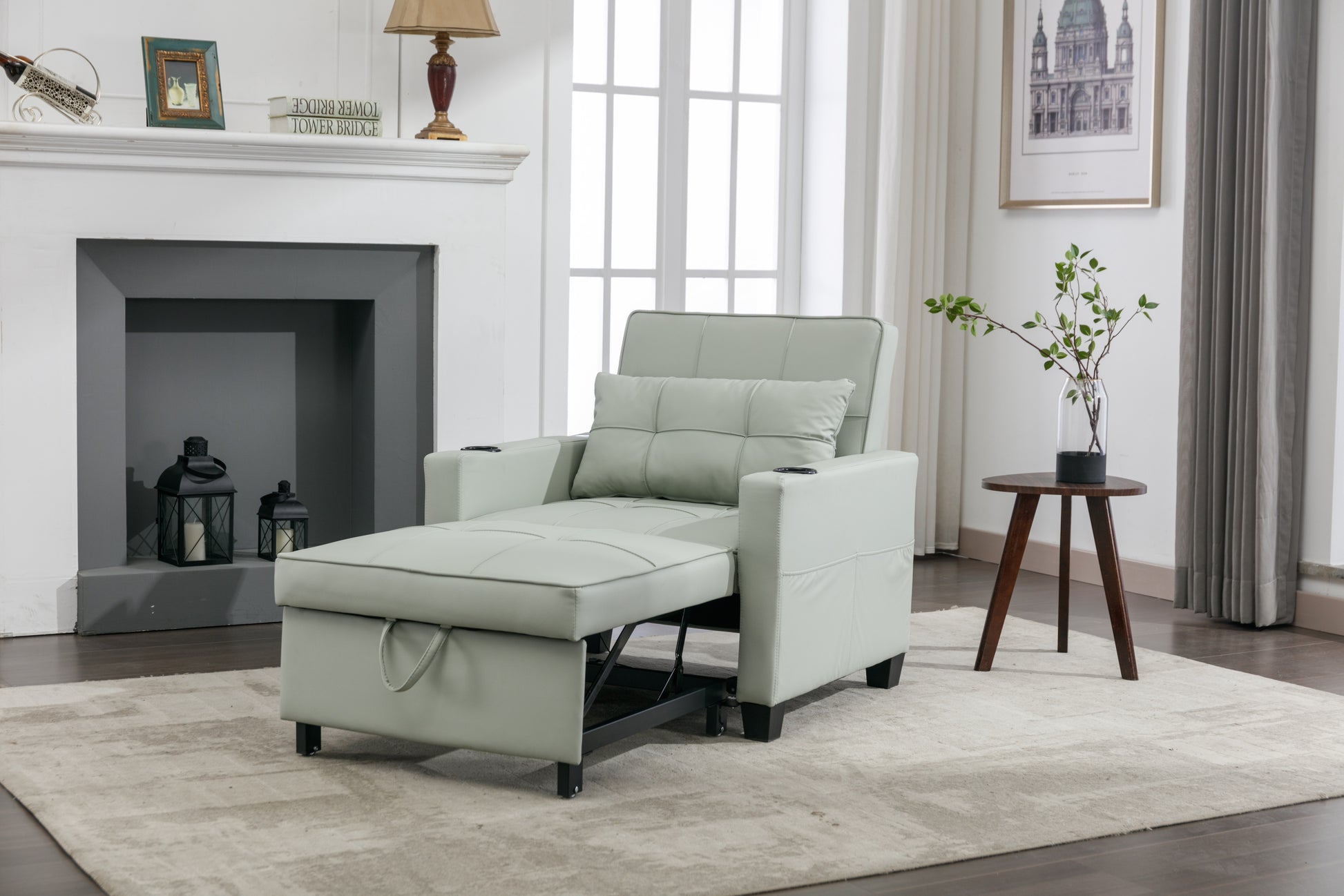 Futon Chair Bed Convertible Chair 3 In 1 Pull Out Sleeper Chair Beds With Usb Ports, Wear Resistant And Anti Scratch, Armchair Bed Sleeper For Living Room Green Leather Green Foam Leather 1 Seat