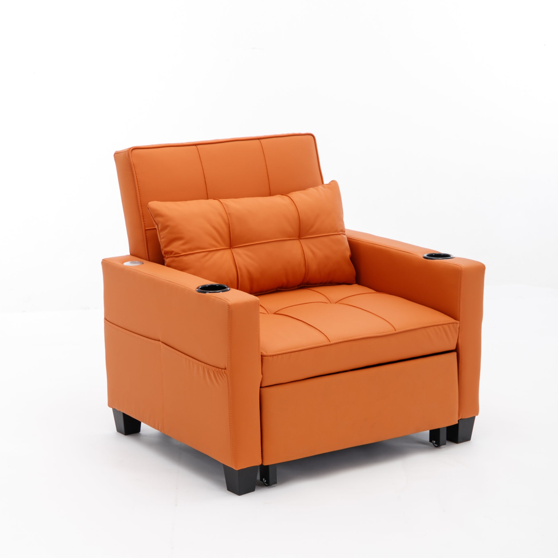 Futon Chair Bed Convertible Chair 3 In 1 Pull Out Sleeper Chair Beds With Usb Ports,Wear Resistant And Anti Scratch, Armchair Bed Sleeper For Living Room Orange Leather Orange Foam Leather 1 Seat