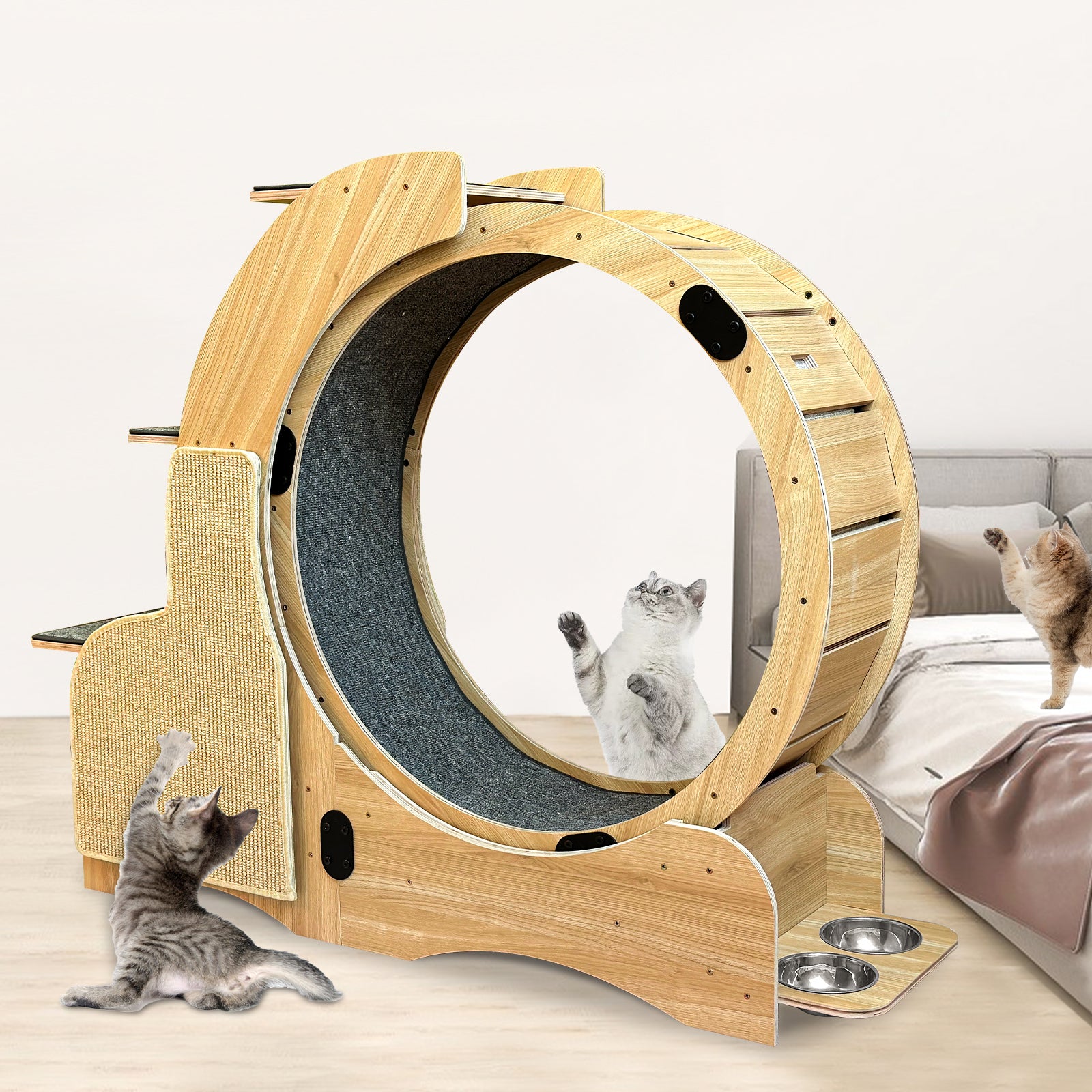 5 In 1 Cat Sports Running Wheel, Cats Wheel Wood Climbing Frame, Cat Litter Fitness Wheel, Oversized Roller Cat Indoor Activity Center,Large Right Natural Wood Wood