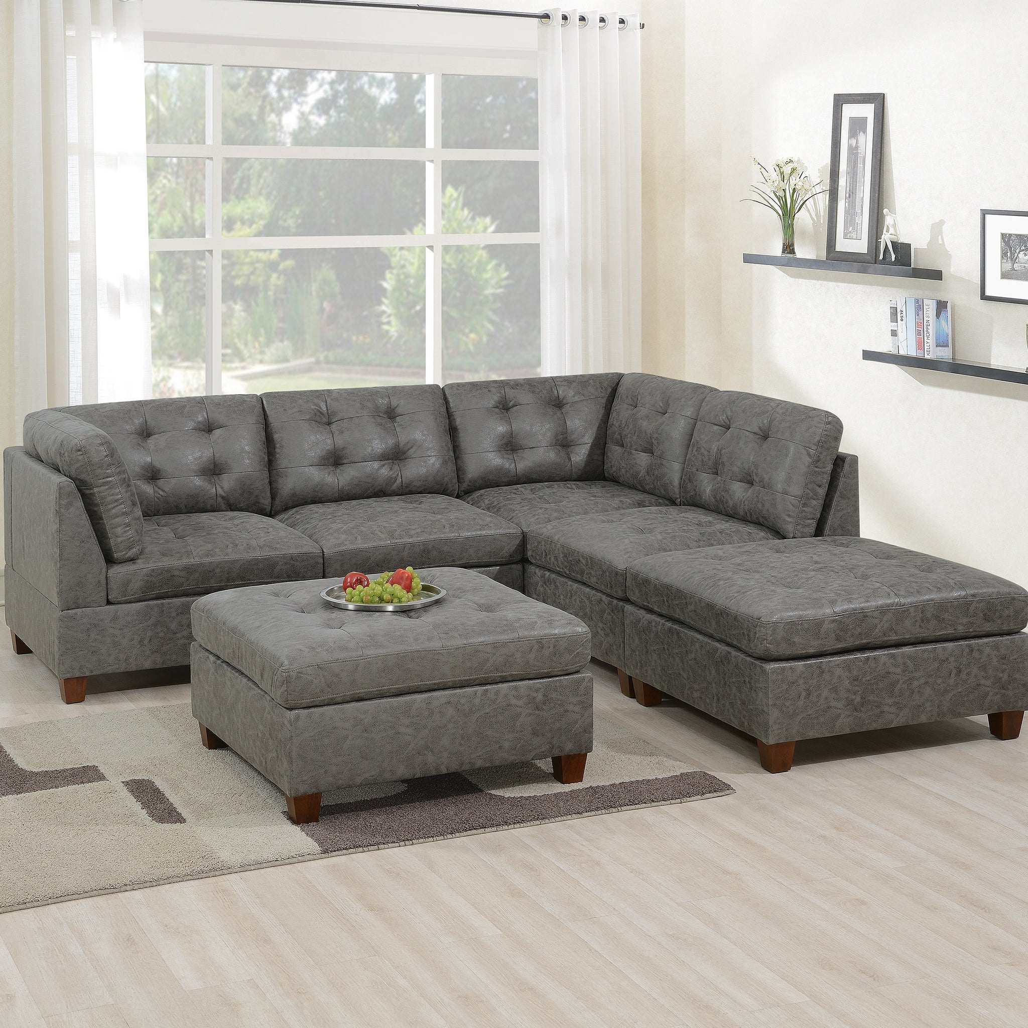 Living Room Furniture Antique Grey Modular Sectional 6Pc Set Tufted Couch 2X Corner Wedge 2X Armless Chairs And 2X Ottoman L Shaped Antique Gray Wood Primary Living Space Tufted Back Contemporary,Modern,Transitional Modular Faux Leather 6 Seat