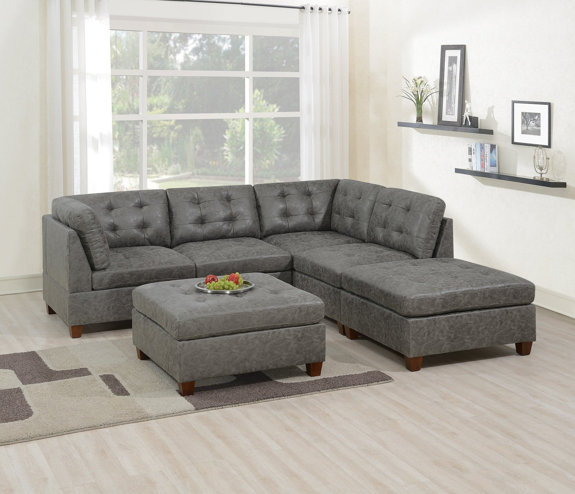 Living Room Furniture Antique Grey Modular Sectional 6Pc Set Tufted Couch 2X Corner Wedge 2X Armless Chairs And 2X Ottoman L Shaped Antique Gray Wood Primary Living Space Tufted Back Contemporary,Modern,Transitional Modular Faux Leather 6 Seat