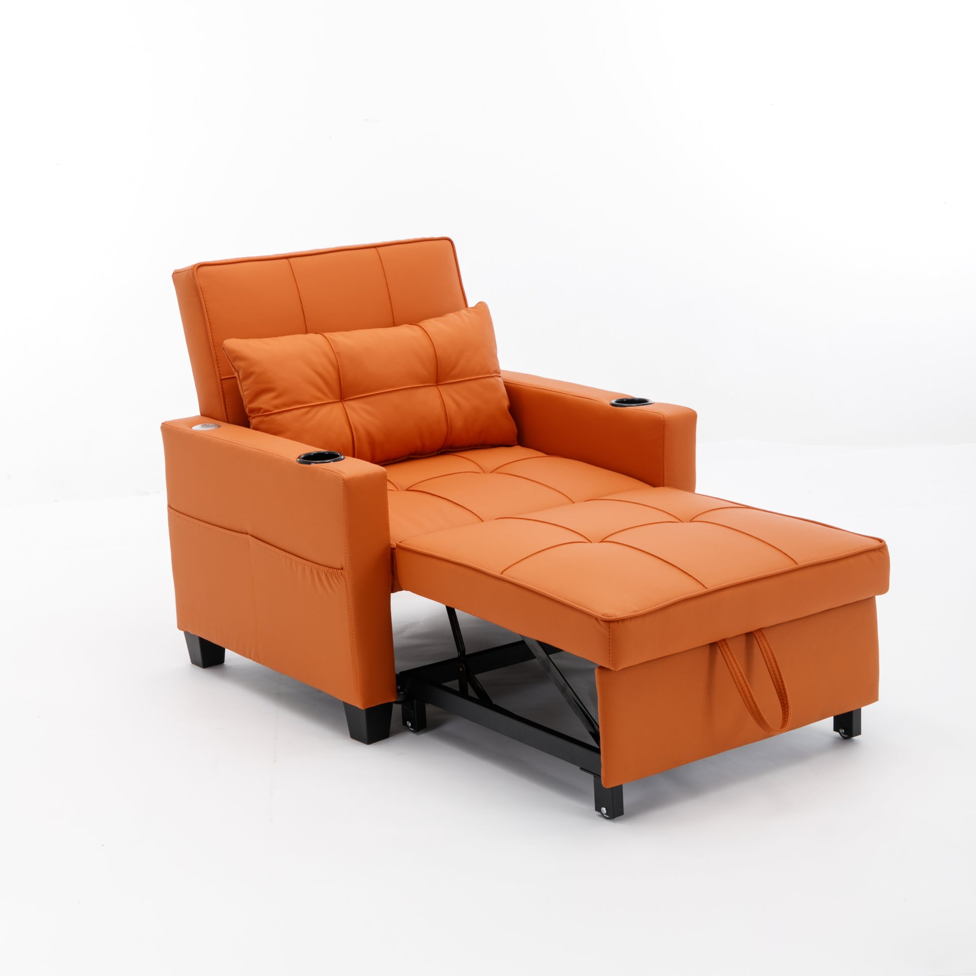 Futon Chair Bed Convertible Chair 3 In 1 Pull Out Sleeper Chair Beds With Usb Ports,Wear Resistant And Anti Scratch, Armchair Bed Sleeper For Living Room Orange Leather Orange Foam Leather 1 Seat