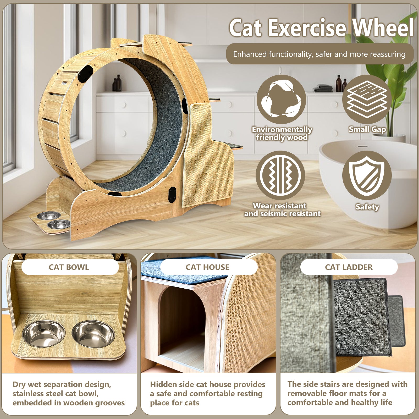 5 In 1 Cat Sports Running Wheel, Cats Wheel Wood Climbing Frame, Cat Litter Fitness Wheel, Oversized Roller Cat Indoor Activity Center,Large Right Natural Wood Wood