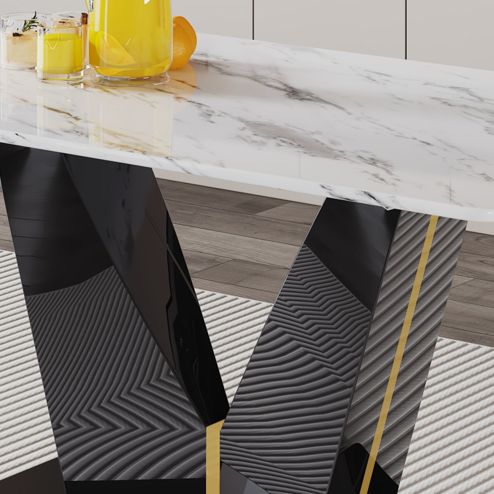 Modern Minimalist Rectangular Dining Table, 0.4 Inch Thick, White Imitation Marble Pattern Tabletop, Black Mdf Table Legs. Suitable For Kitchens, Restaurants, And Living Rooms63'' X 35.4'' X 30'' F Dv White Black Mdf Glass