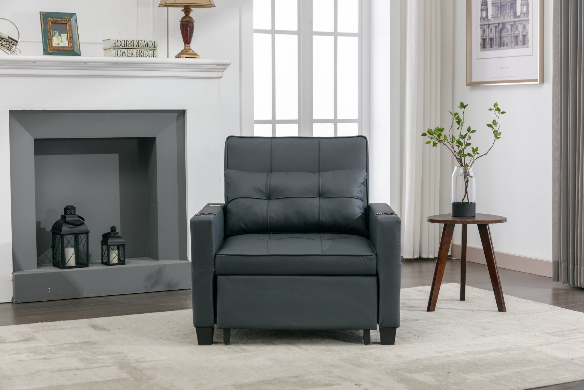 Futon Chair Bed Convertible Chair 3 In 1 Pull Out Sleeper Chair Beds With Usb Ports, Wear Resistant And Anti Scratch, Armchair Bed Sleeper For Living Room Black Leather Black Foam Leather 1 Seat