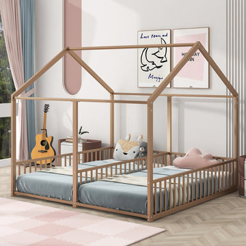 Metal Twin Size House Platform Beds, Two Shared Beds, Gold Box Spring Not Required Twin Gold Metal Bedroom Metal