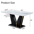 Modern Minimalist Rectangular Dining Table, 0.4 Inch Thick, White Imitation Marble Pattern Tabletop, Black Mdf Table Legs. Suitable For Kitchens, Restaurants, And Living Rooms63'' X 35.4'' X 30'' F Dv White Black Mdf Glass