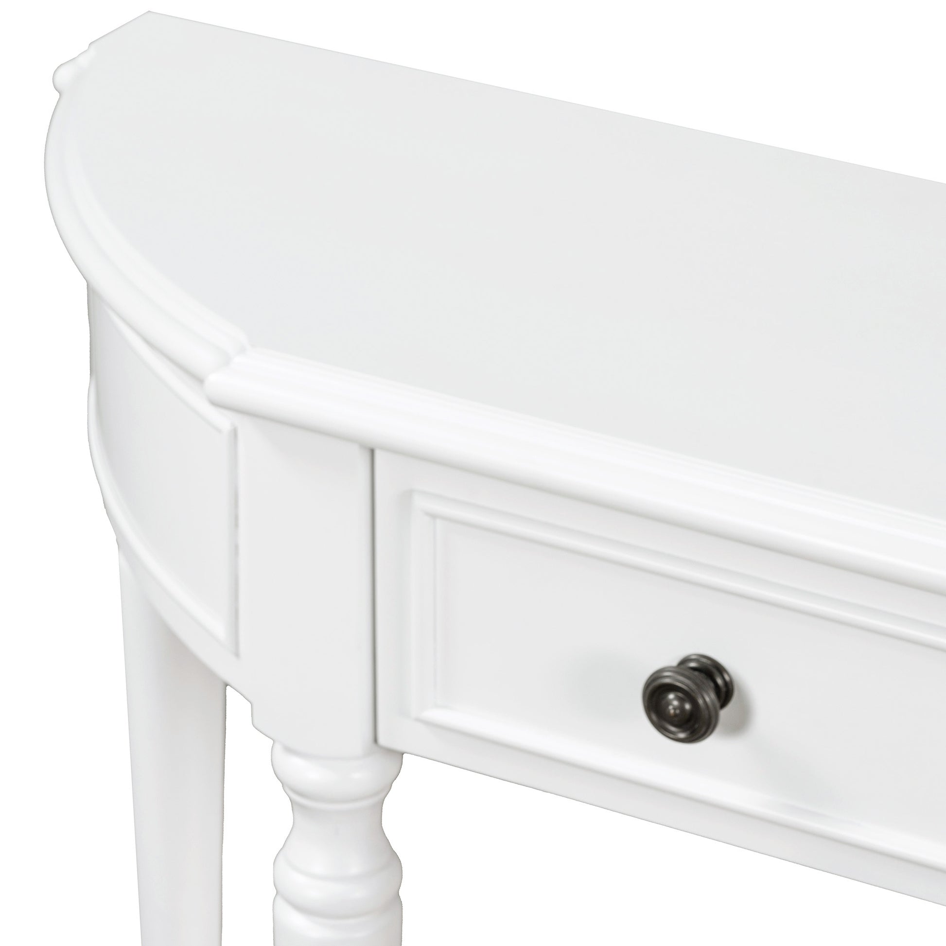 Retro Circular Curved Design Console Table With Open Style Shelf Solid Wooden Frame And Legs Two Top Drawers White, Old Sku: Wf298768Aak White Solid Wood