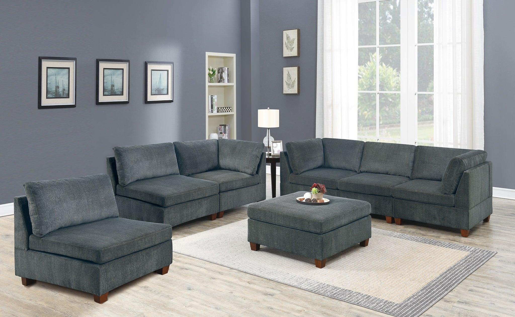 Living Room Furniture Gray Chenille Modular Sectional 7Pc Set Modular Sofa Set Couch 3X Corner Wedge 3X Armless Chairs And 1X Ottoman Plywood Gray Chenille Wood Primary Living Space Cushion Back Contemporary,Modern Modular Chenille 7 Seat