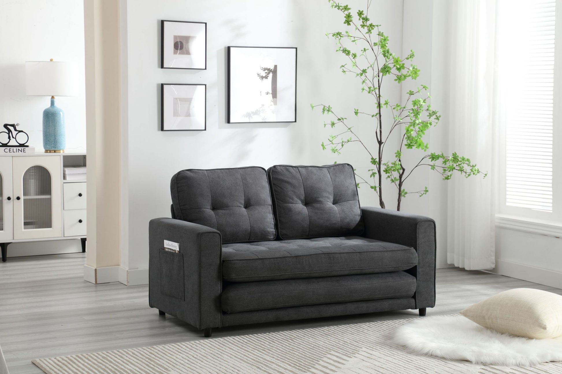3 Fold Sofa,Convertible Futon Couch Sleeper Sofabed,Space Saving Seat,Pull Out Couch Bed For Living Room,Dark Gray & Light Gray & Beige,Velvet Linen Fabric Dark Gray Velvet
