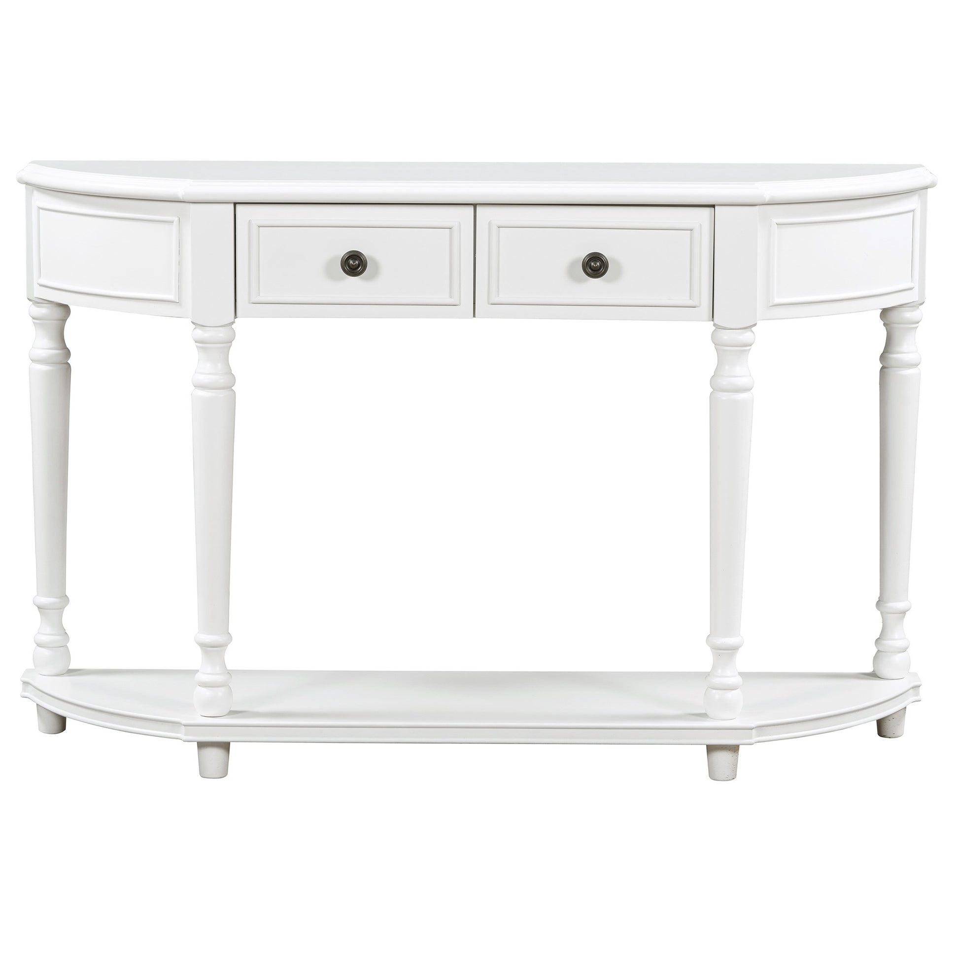 Retro Circular Curved Design Console Table With Open Style Shelf Solid Wooden Frame And Legs Two Top Drawers White, Old Sku: Wf298768Aak White Solid Wood