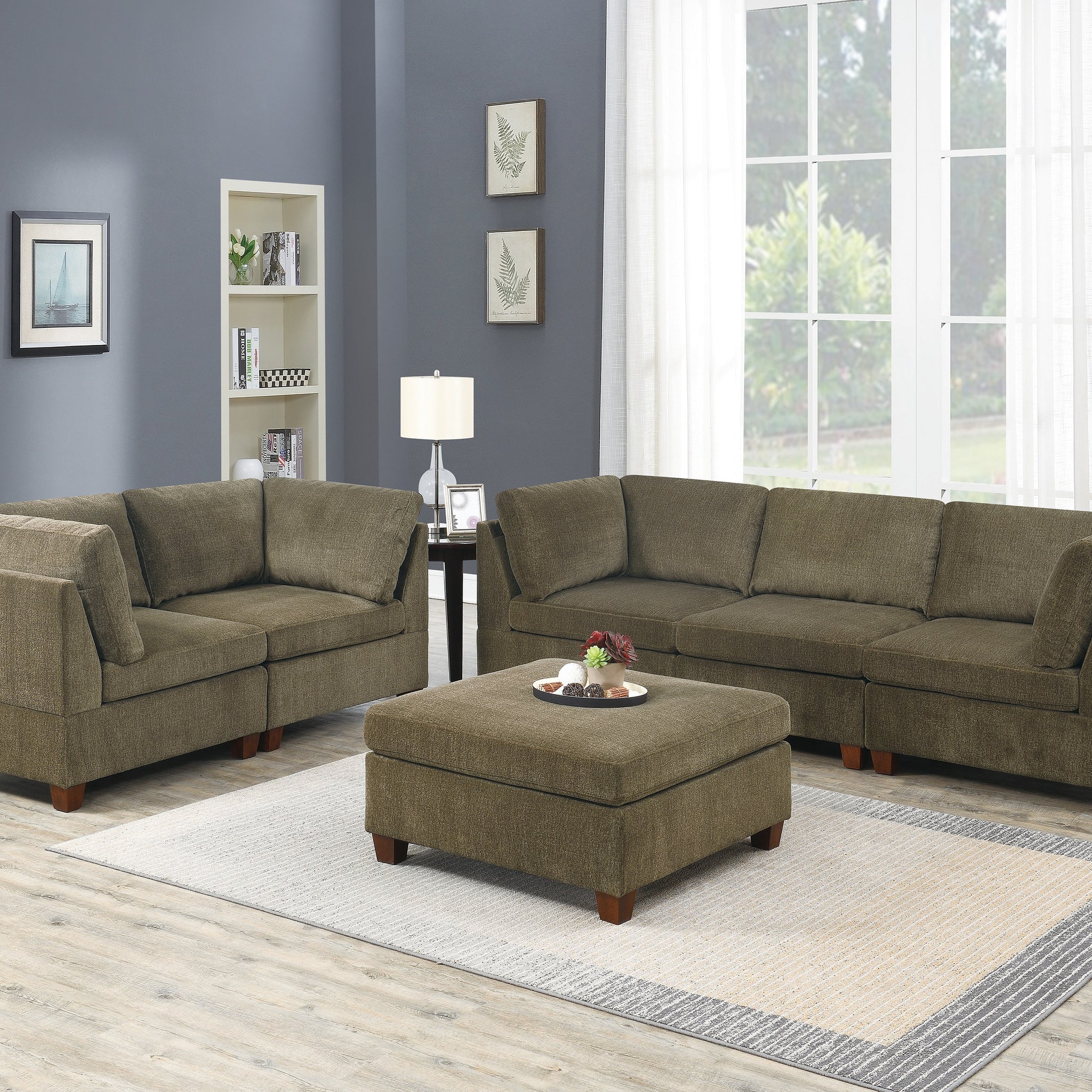 Living Room Furniture Tan Chenille Modular Sectional 6Pc Set Modular Sofa Set Modern Couch 4X Corner Wedge 1X Armless Chairs And 1X Ottoman Plywood Tan Chenille Wood Primary Living Space Cushion Back Contemporary,Modern Modular Chenille 6 Seat