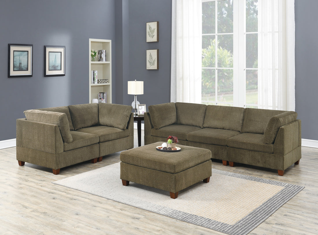 Living Room Furniture Tan Chenille Modular Sectional 6Pc Set Modular Sofa Set Modern Couch 4X Corner Wedge 1X Armless Chairs And 1X Ottoman Plywood Tan Chenille Wood Primary Living Space Cushion Back Contemporary,Modern Modular Chenille 6 Seat