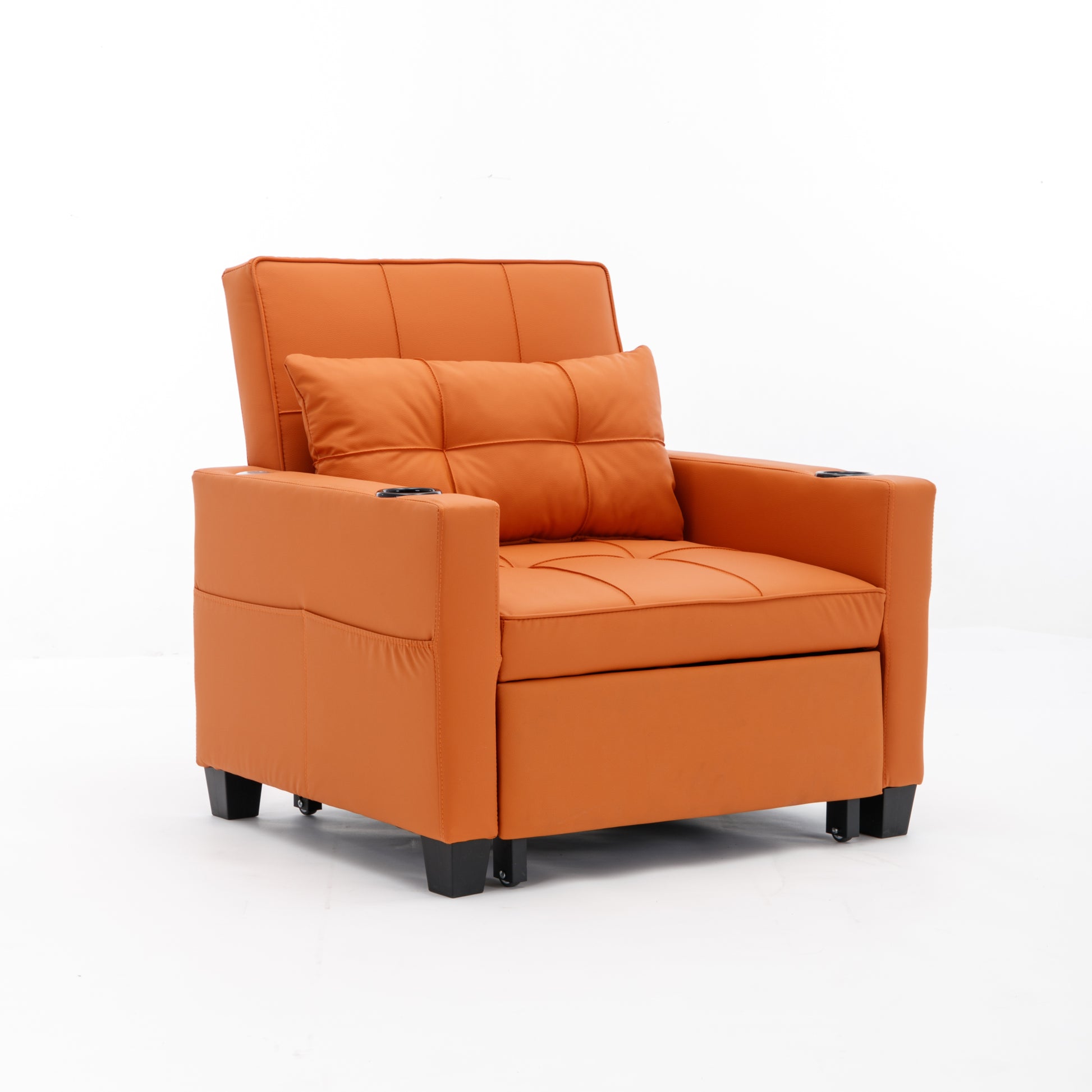 Futon Chair Bed Convertible Chair 3 In 1 Pull Out Sleeper Chair Beds With Usb Ports,Wear Resistant And Anti Scratch, Armchair Bed Sleeper For Living Room Orange Leather Orange Foam Leather 1 Seat