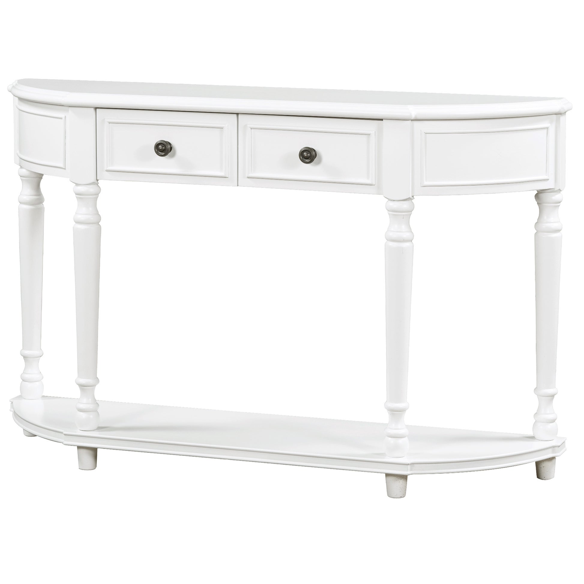 Retro Circular Curved Design Console Table With Open Style Shelf Solid Wooden Frame And Legs Two Top Drawers White, Old Sku: Wf298768Aak White Solid Wood