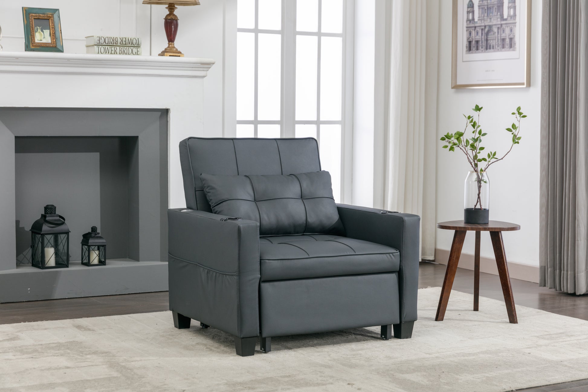 Futon Chair Bed Convertible Chair 3 In 1 Pull Out Sleeper Chair Beds With Usb Ports, Wear Resistant And Anti Scratch, Armchair Bed Sleeper For Living Room Black Leather Black Foam Leather 1 Seat