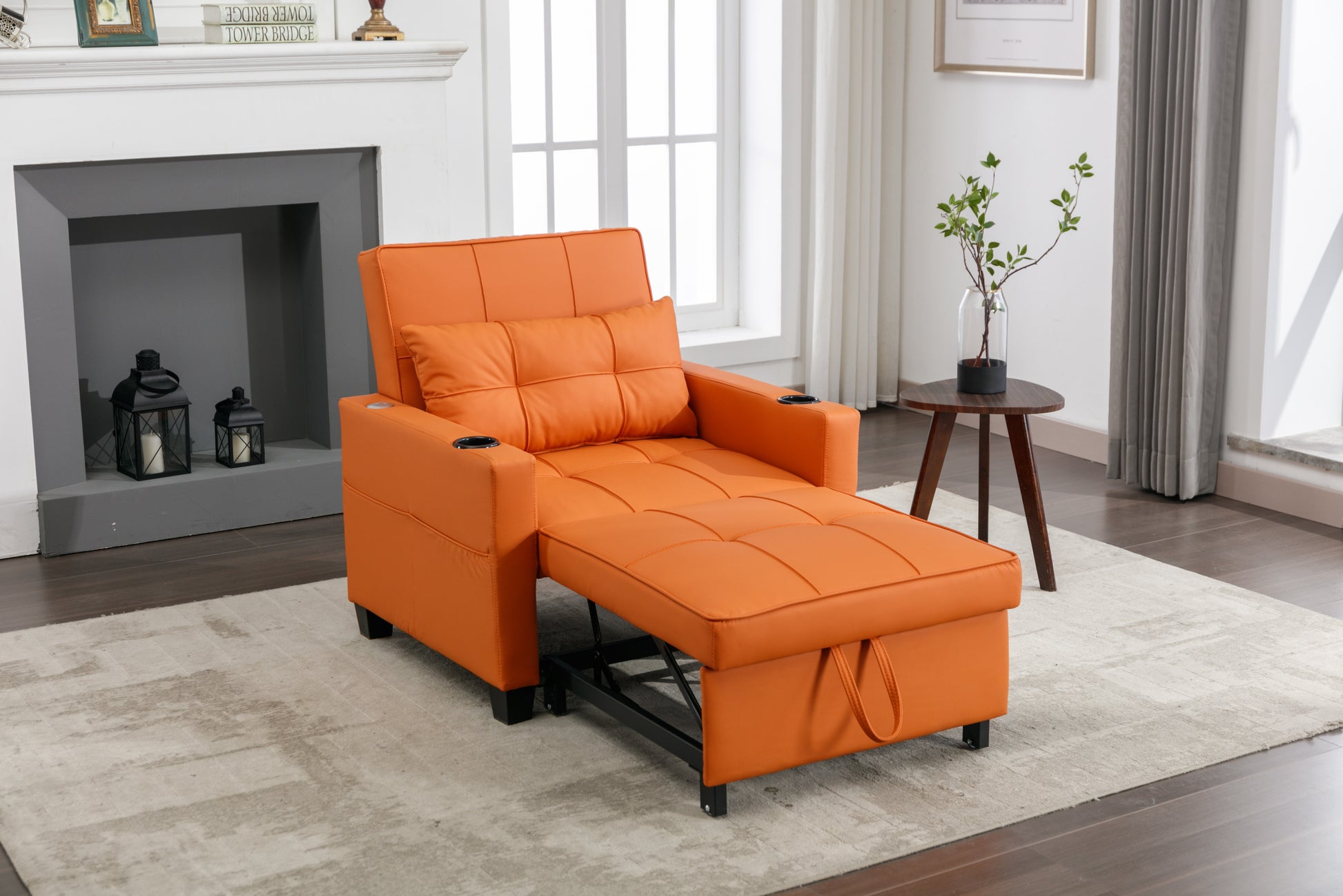 Futon Chair Bed Convertible Chair 3 In 1 Pull Out Sleeper Chair Beds With Usb Ports,Wear Resistant And Anti Scratch, Armchair Bed Sleeper For Living Room Orange Leather Orange Foam Leather 1 Seat