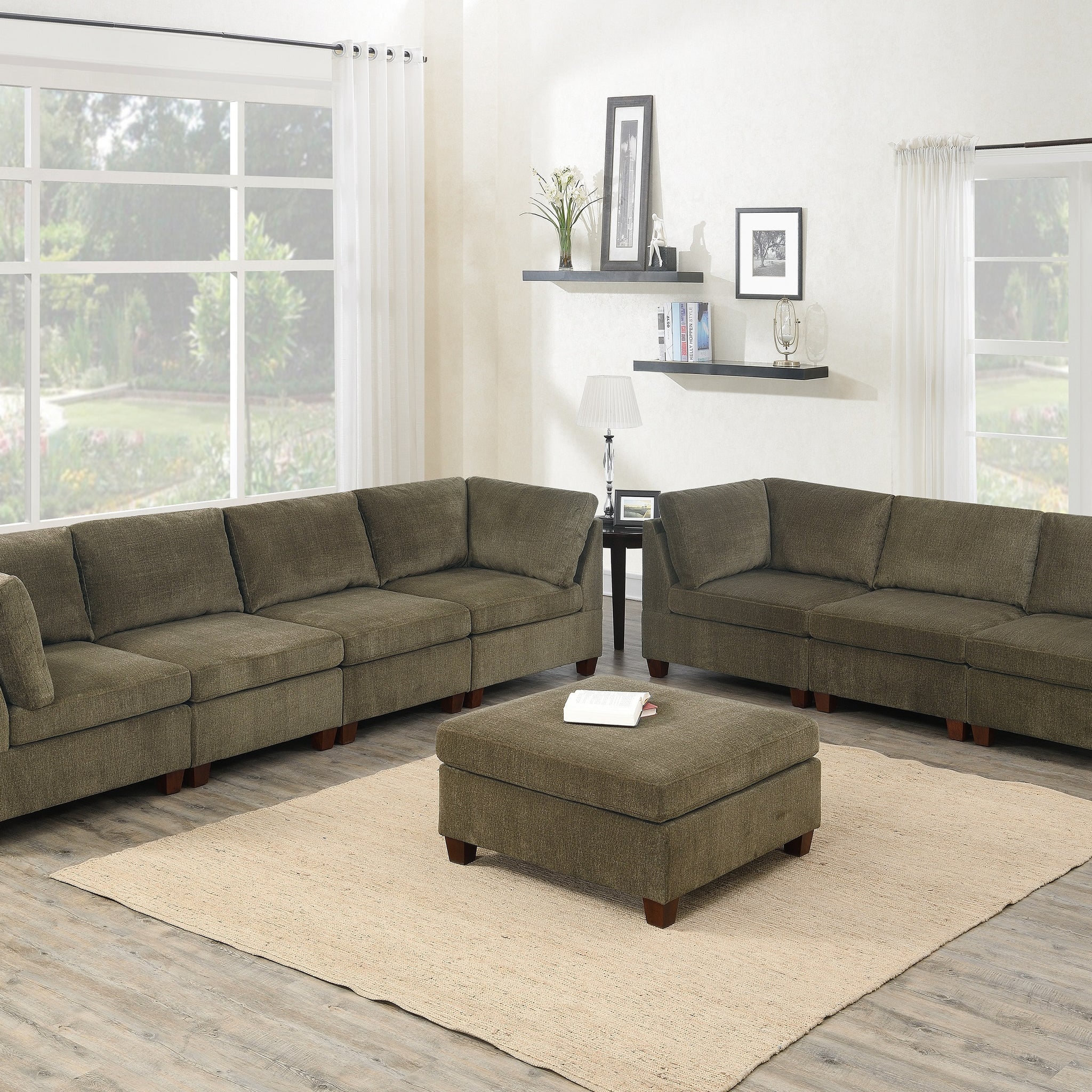 Living Room Furniture Tan Chenille Modular Sectional 8Pc Set Modular Sofa Set Modern Couch 4X Corner Wedge 3X Armless Chairs And 1X Ottoman Plywood Tan Chenille Wood Primary Living Space Cushion Back Contemporary,Modern Modular Chenille 8 Seat