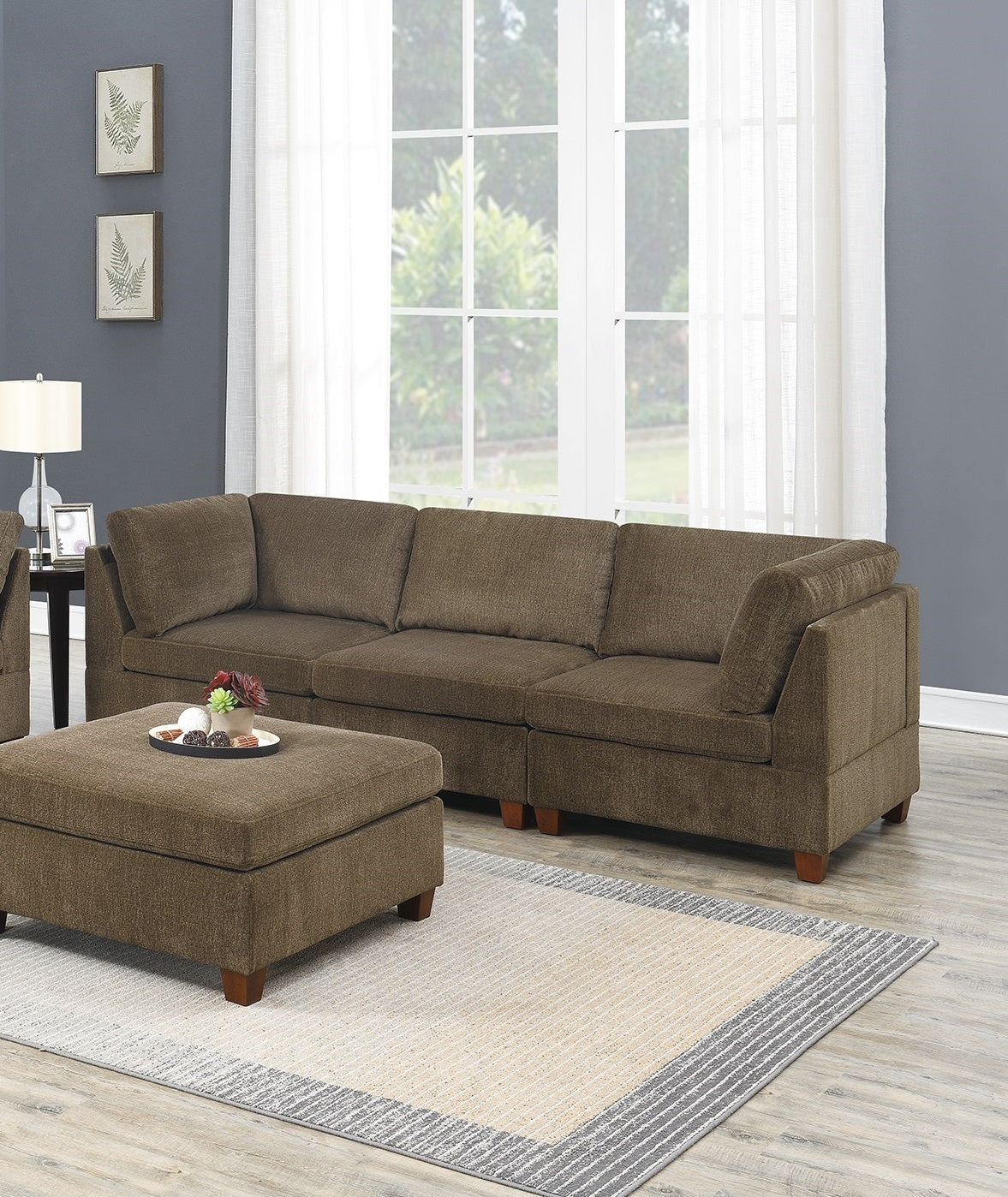 Living Room Furniture Tan Chenille Modular Sectional 7Pc Set Modular Sofa Set Couch 3X Corner Wedge 3X Armless Chairs And 1X Ottoman Plywood Tan Chenille Wood Primary Living Space Cushion Back Contemporary,Modern Modular Chenille 7 Seat