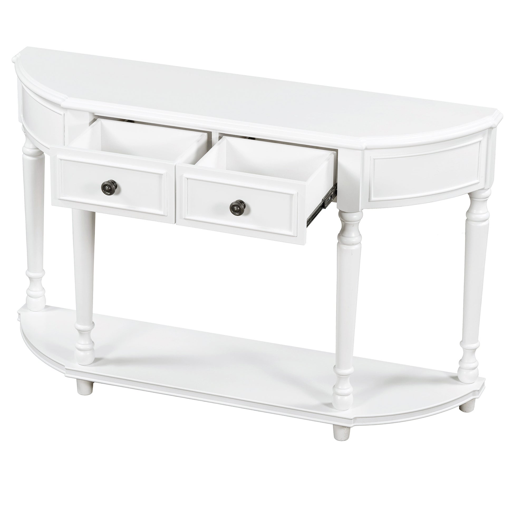 Retro Circular Curved Design Console Table With Open Style Shelf Solid Wooden Frame And Legs Two Top Drawers White, Old Sku: Wf298768Aak White Solid Wood