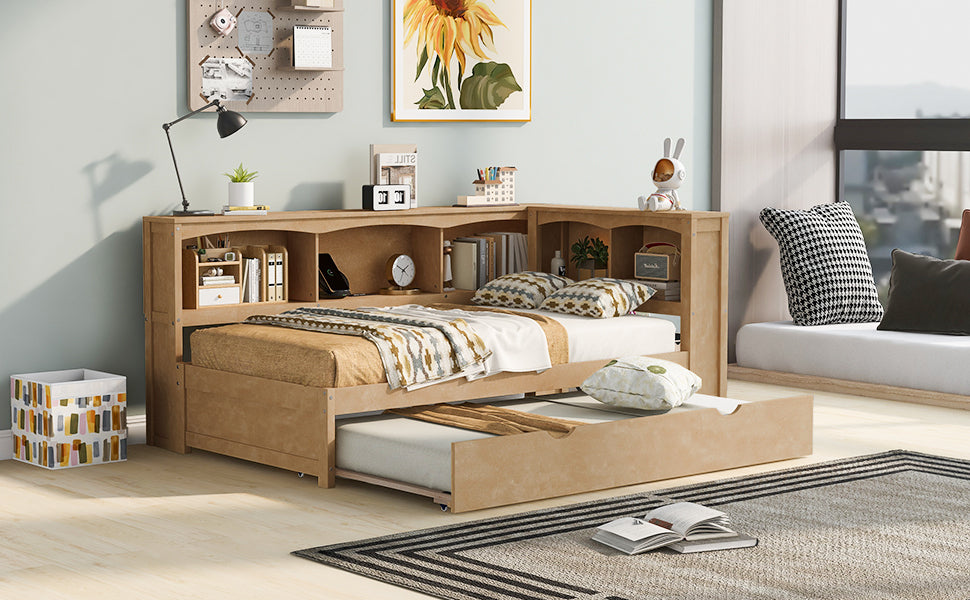 Twin Size Daybed With Trundle, Storage Cabinets And Usb Ports, Wood Color Box Spring Not Required Twin White Wood Solid Wood Mdf