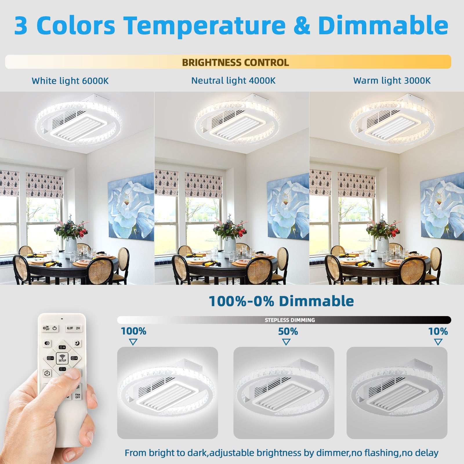 22Inch Modern Leafless Ceiling Fan With Remote Control Removable And Washable, Reversible Motor White Modern Crystal